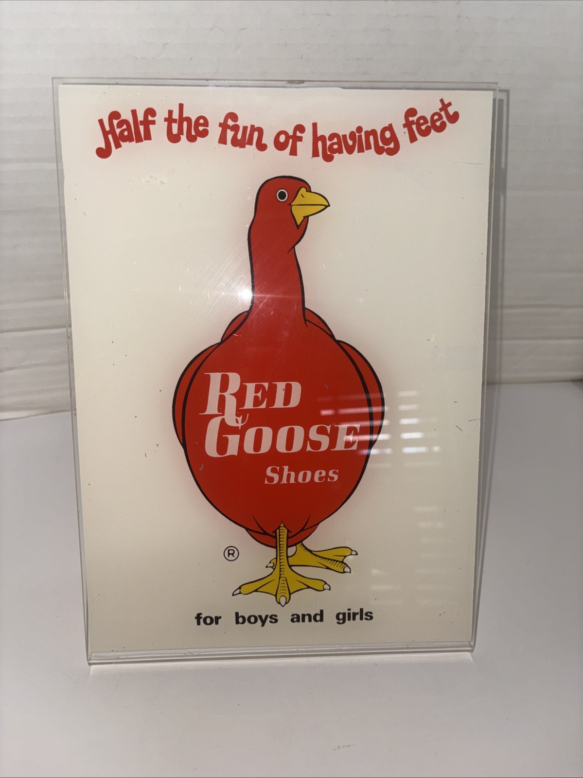 Vtg Plastic Red Goose Shoes Sign Half the fun of Having Feet 11\
