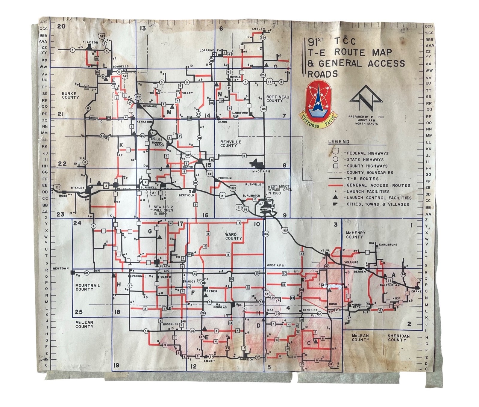 Rare USAF 91st TCC Minuteman Ballistic Launch Site Map Minot N. Dakota 21