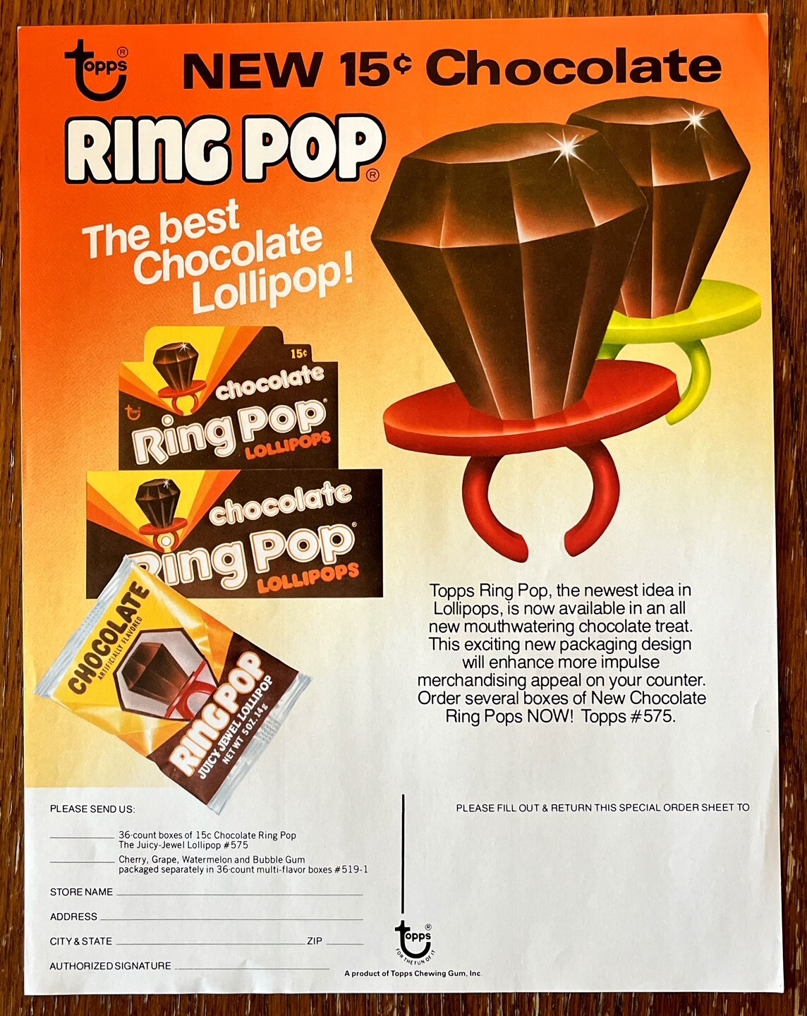 1970s Topps Ring Pop Chocolate Sale Sell Sheet #575