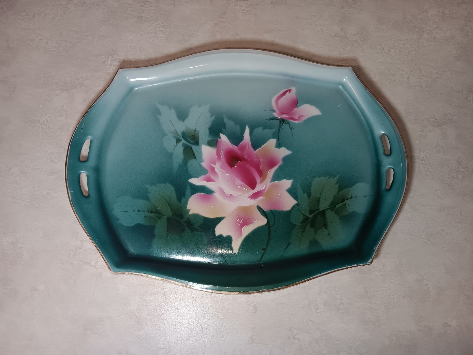 Vtg Barvaria Grandmacore Luxury W Germany Rose Teal Textured Vanity Tray READ
