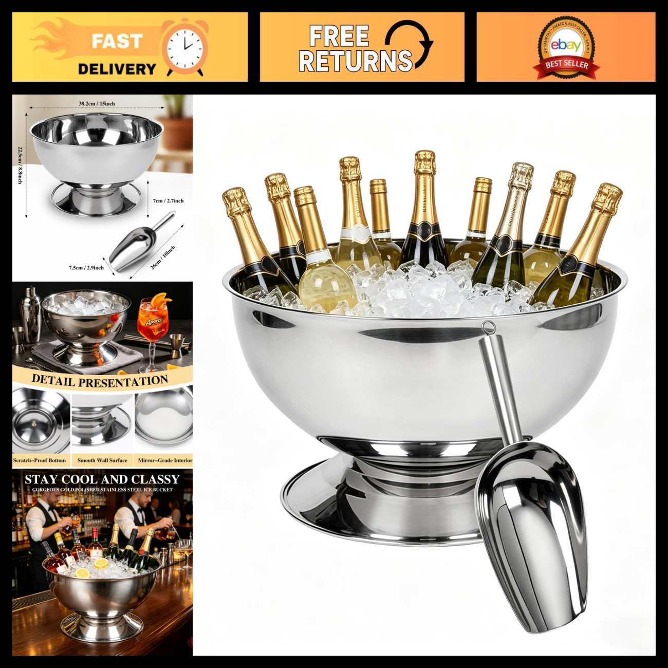 3 Gallon Ice Bucket for Parties - 12L Silver Champagne Cooler & Ice Bowl