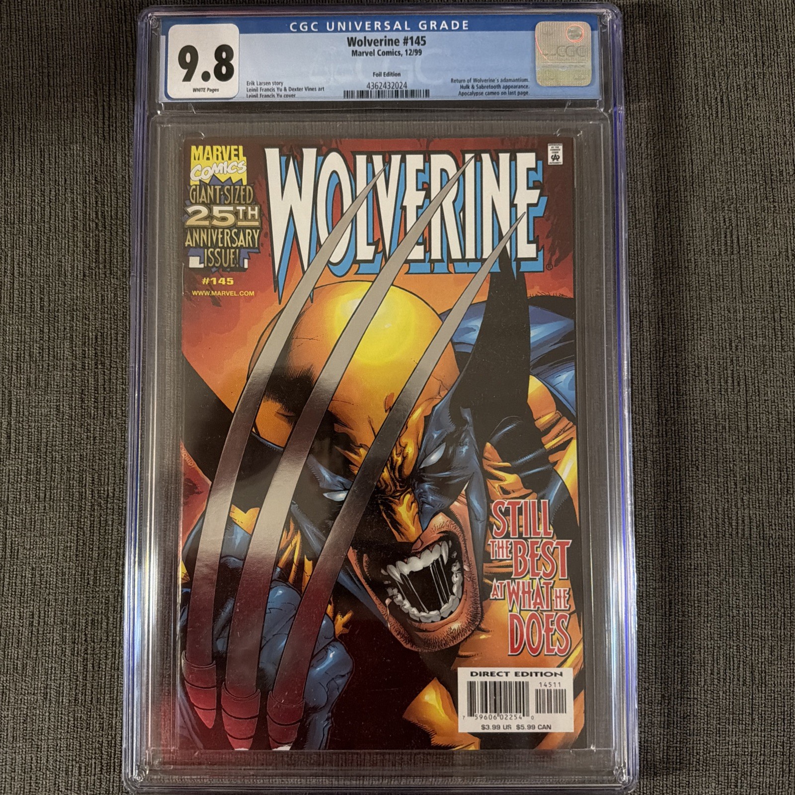 WOLVERINE 145 CGC 9.8 WP SILVER FOIL 1st Printing HULK SABRETOOTH Marvel 1999