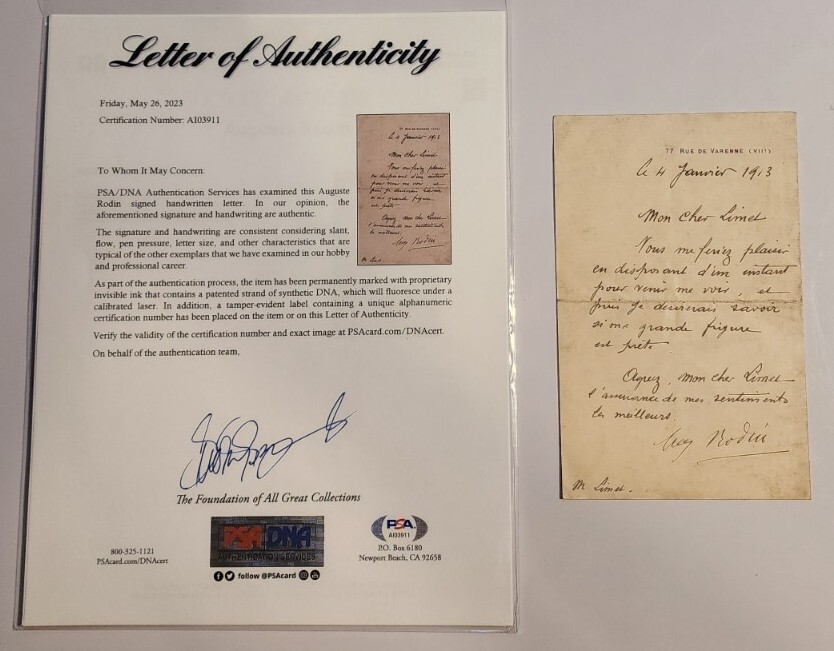 Auguste Rodin Signed Letter Artist Sculptor Autograph PSA DNA Auto Rare
