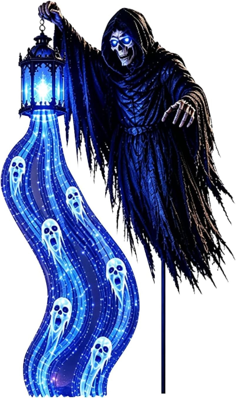 ☠️🎃 Halloween Grim Reaper Solar Garden Lights Glowing Ghost Lantern Yard Decor