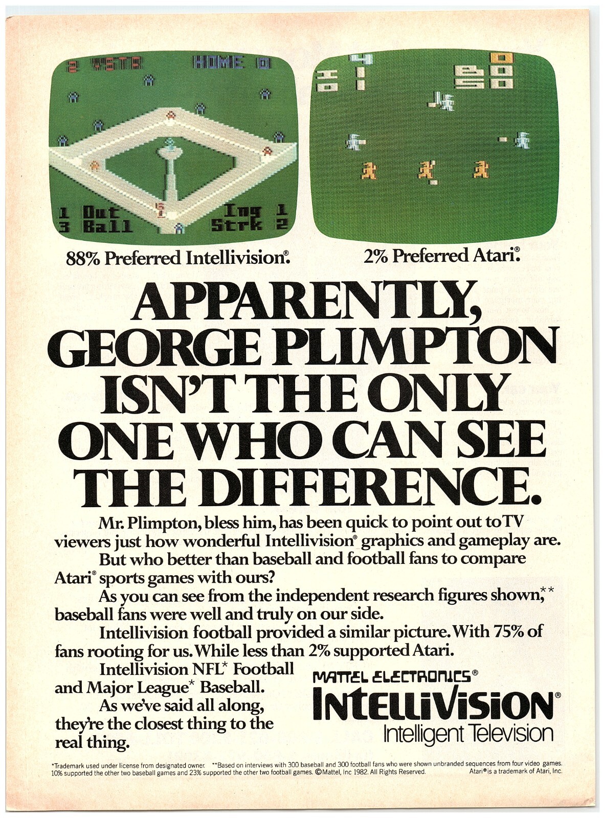 PRINT AD 1982 Mattel Intellivision Intelligent Television George Plimpton Atari