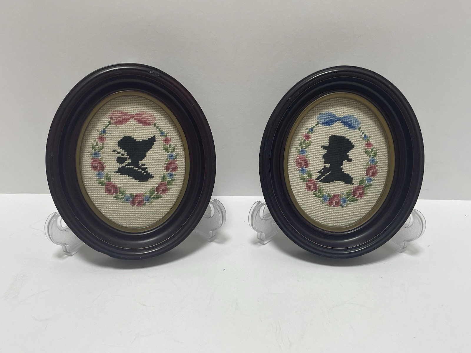 Vintage Silhouette Cross Stitch Needlepoint Pair Oval Frames Man Woman Victorian