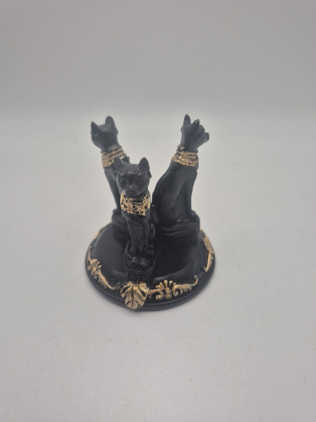 Vintage Egyptian Bastet Triple Cat Figurine Black Gold Tone Statue 2.75 Inch