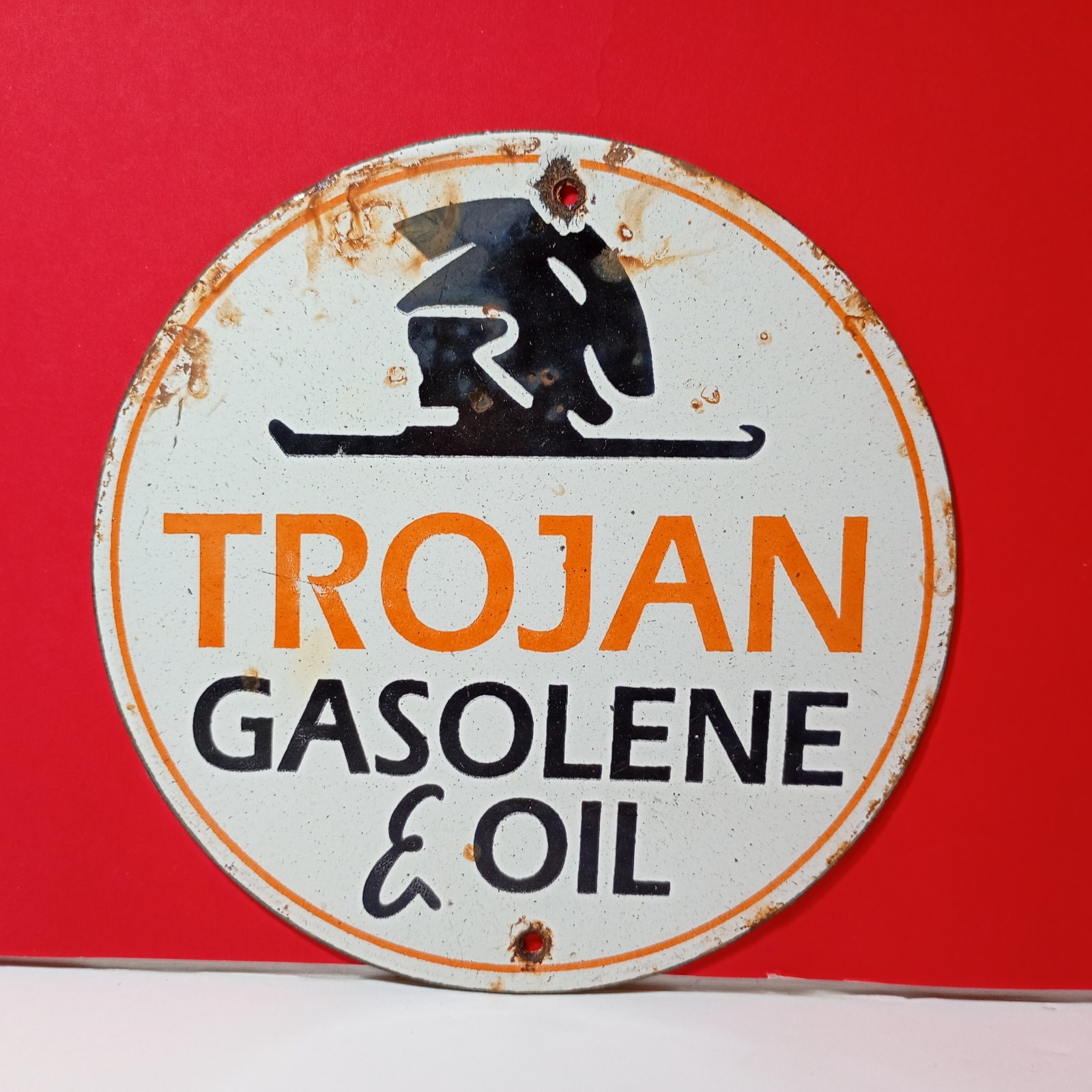 Vintage Trojan Gasoline & Oil Porcelain Enamel Sign 6\