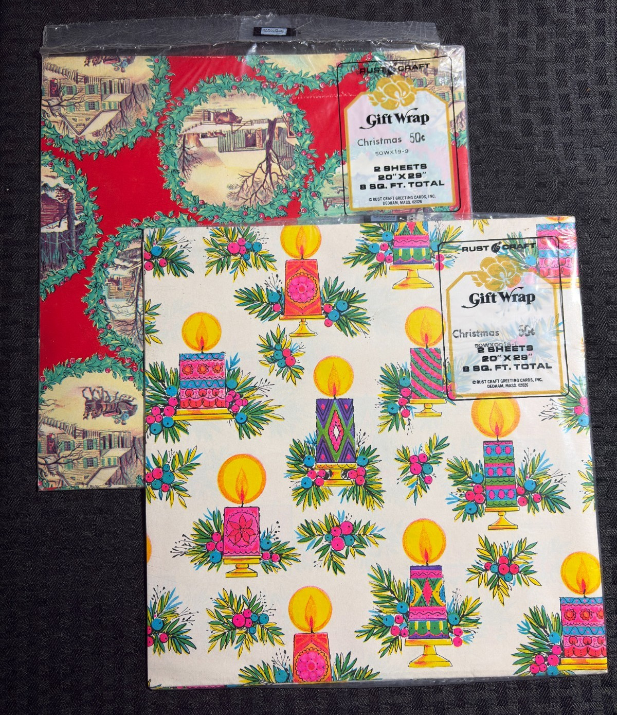 Vintage RUST CRAFT Christmas Gift Wrap SEALED Candle & Scenes LOT of 2