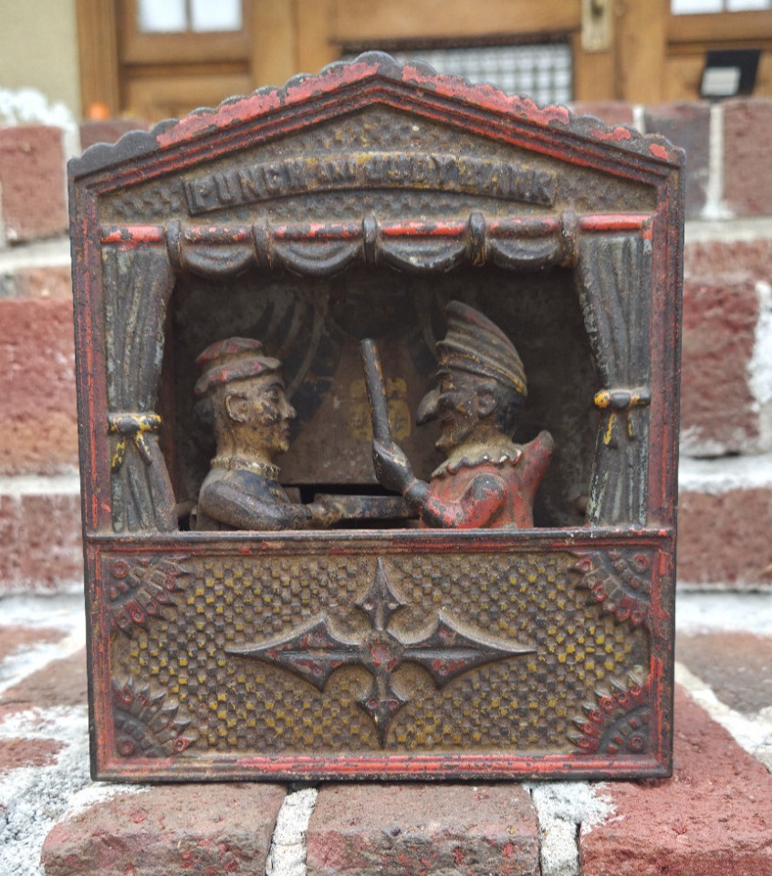 ANTIQUE 1884 SHEPARD HARDWARE CO. CAST IRON PUNCH AND JUDY MECHANICAL BANK ORIG.