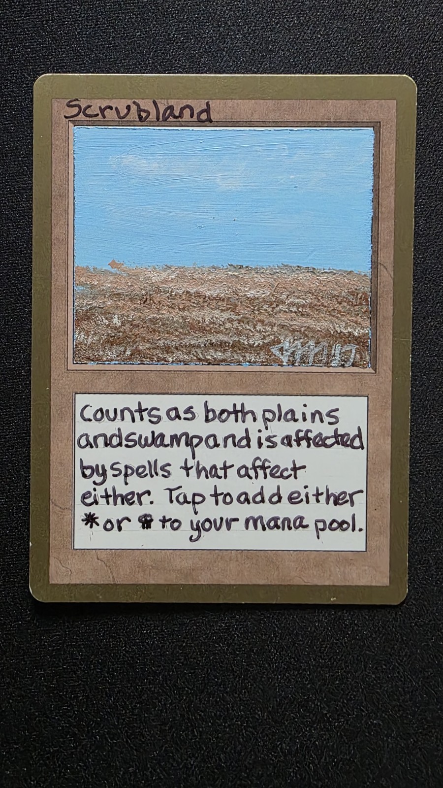 Mtg Magic Scrubland sketch on gold border