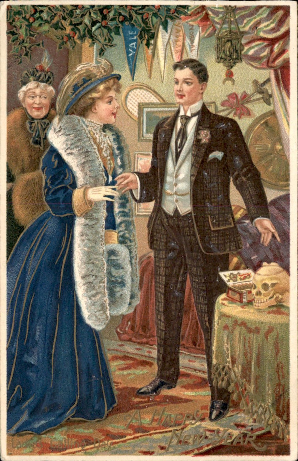 New Year's Elegant New Year Greeting Home Interior c1910s-20s Vintage Postcard