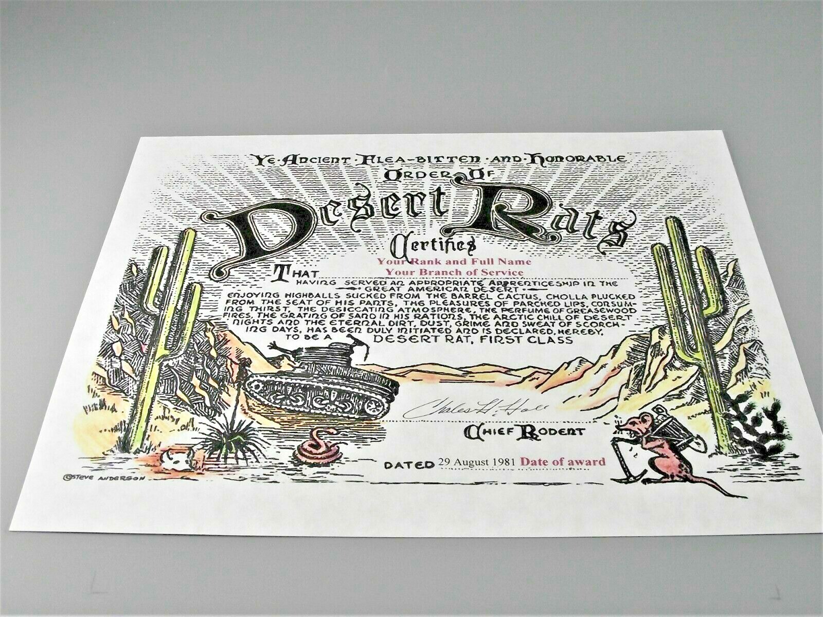 Desert Rats Certificate (1) Desert Storm Shield US Army Navy Air Force Marines