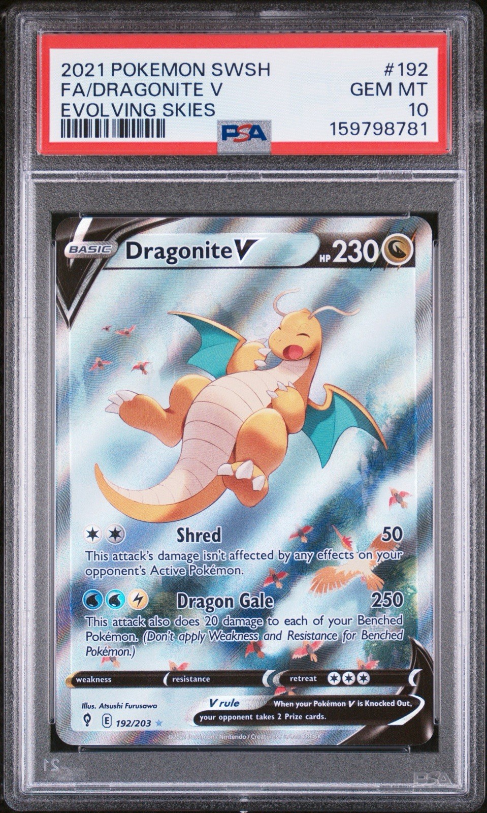 Pokemon 2021 Evolving Skies Dragonite V 192/203 Alt Full Art Holo PSA 10