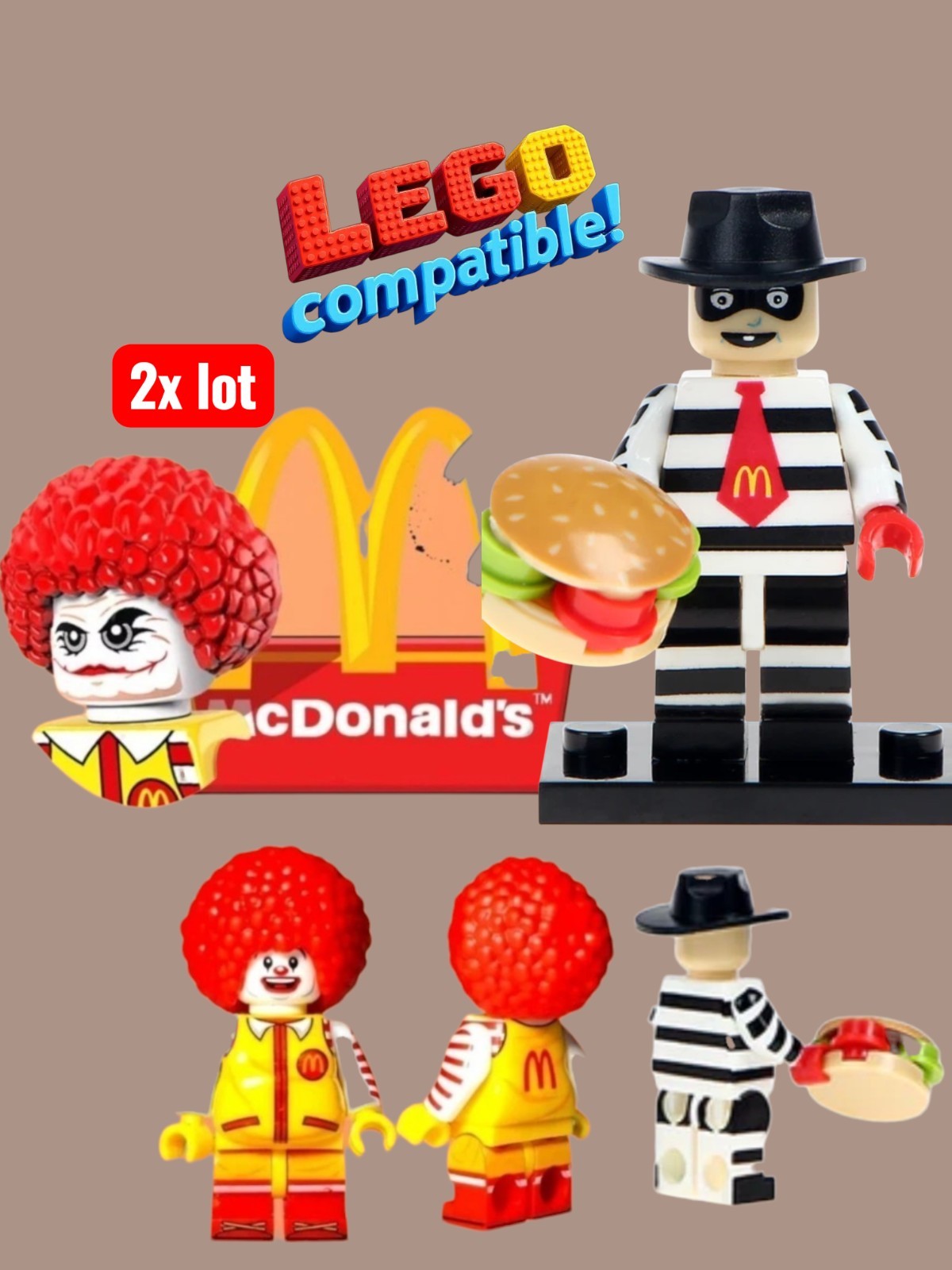 2🍔 Figure LEGO Compatible McDonald\'s Minifigures Ronald McDonald Hamburglar Toy