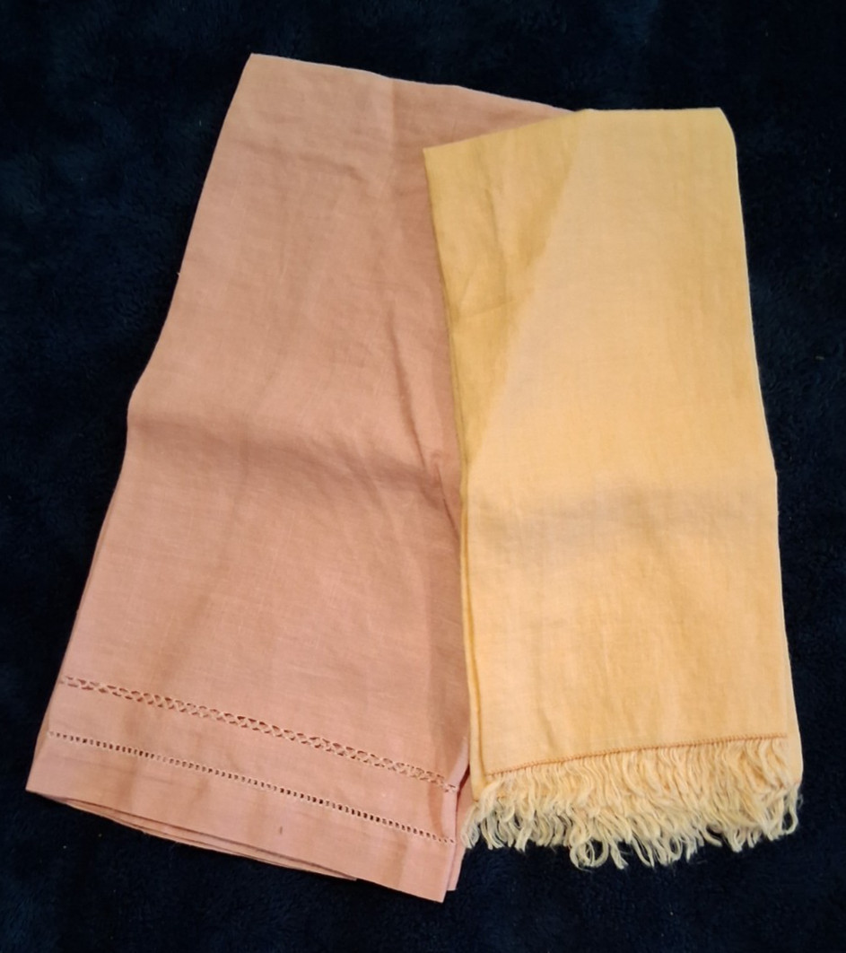 Vintage 1930s 1940s Linen Guest Hand Towels Lot Hemstitched Peach Fringed Yellow