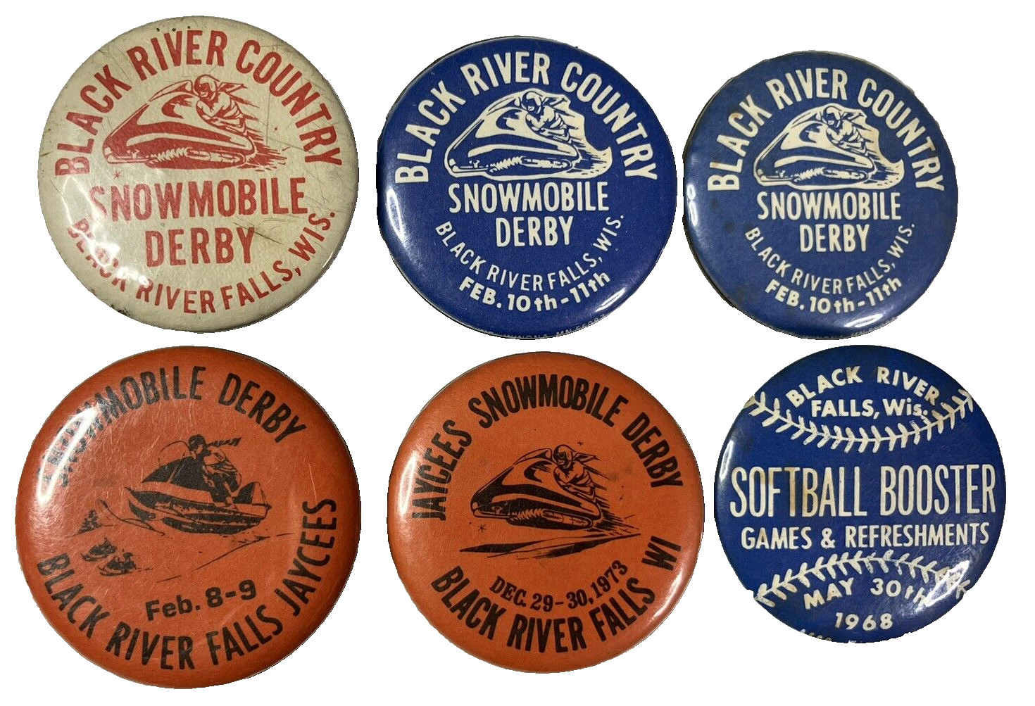 (6) VTG 1960s 70s Black River Falls Wi. Snowmobile Derby + Softball Buttons Pins