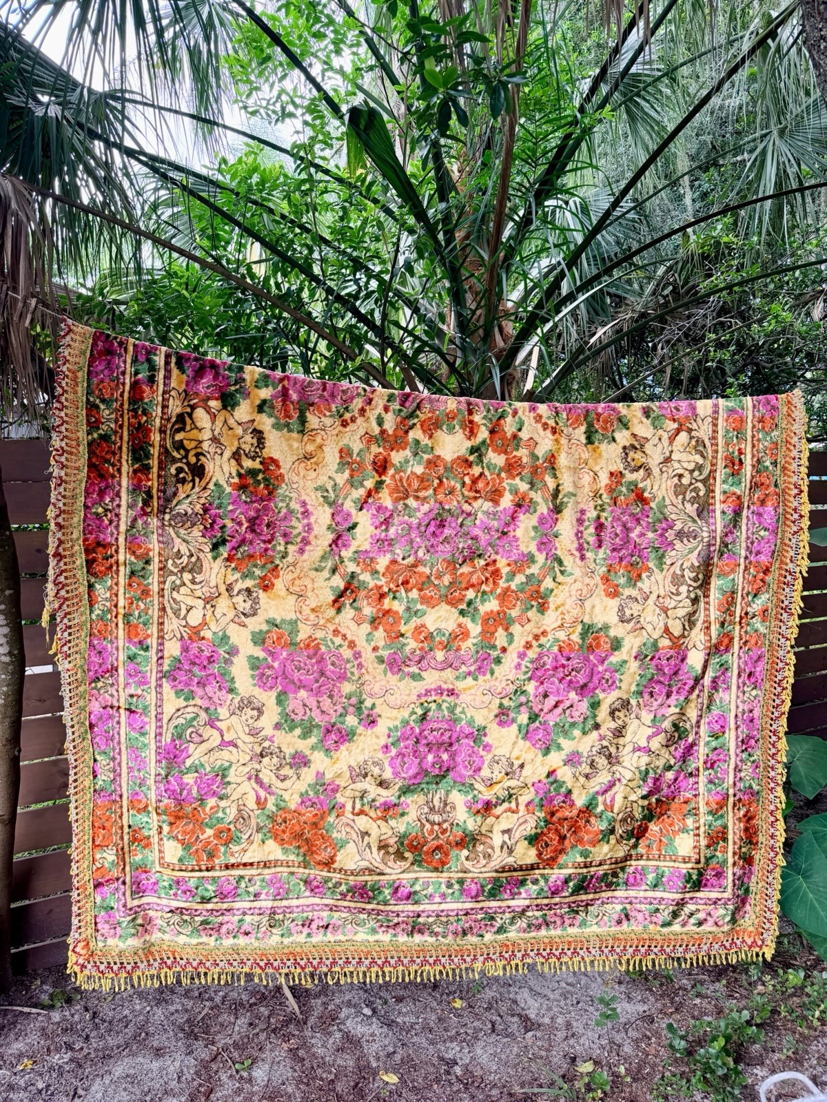 Vintage Italian Floral Cherub Bedspread 90x76 Velvet Plush Fringe Italy Coverlet
