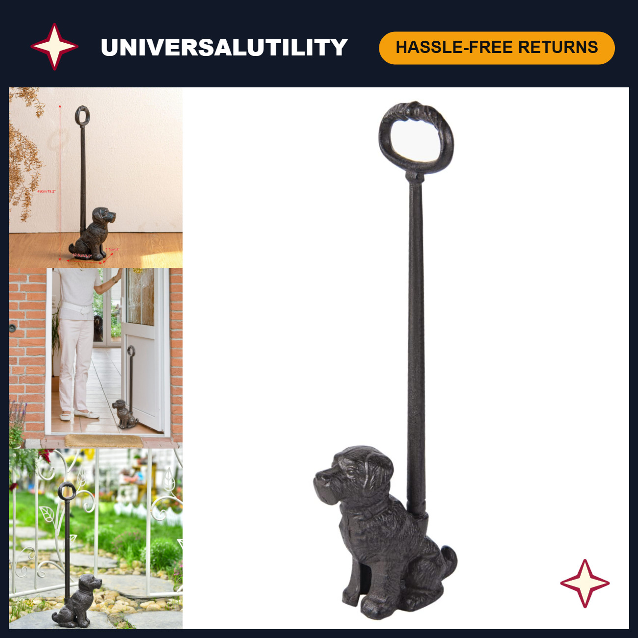 Vintage Cast Iron Dog Door Stop with Handle - 19.4\