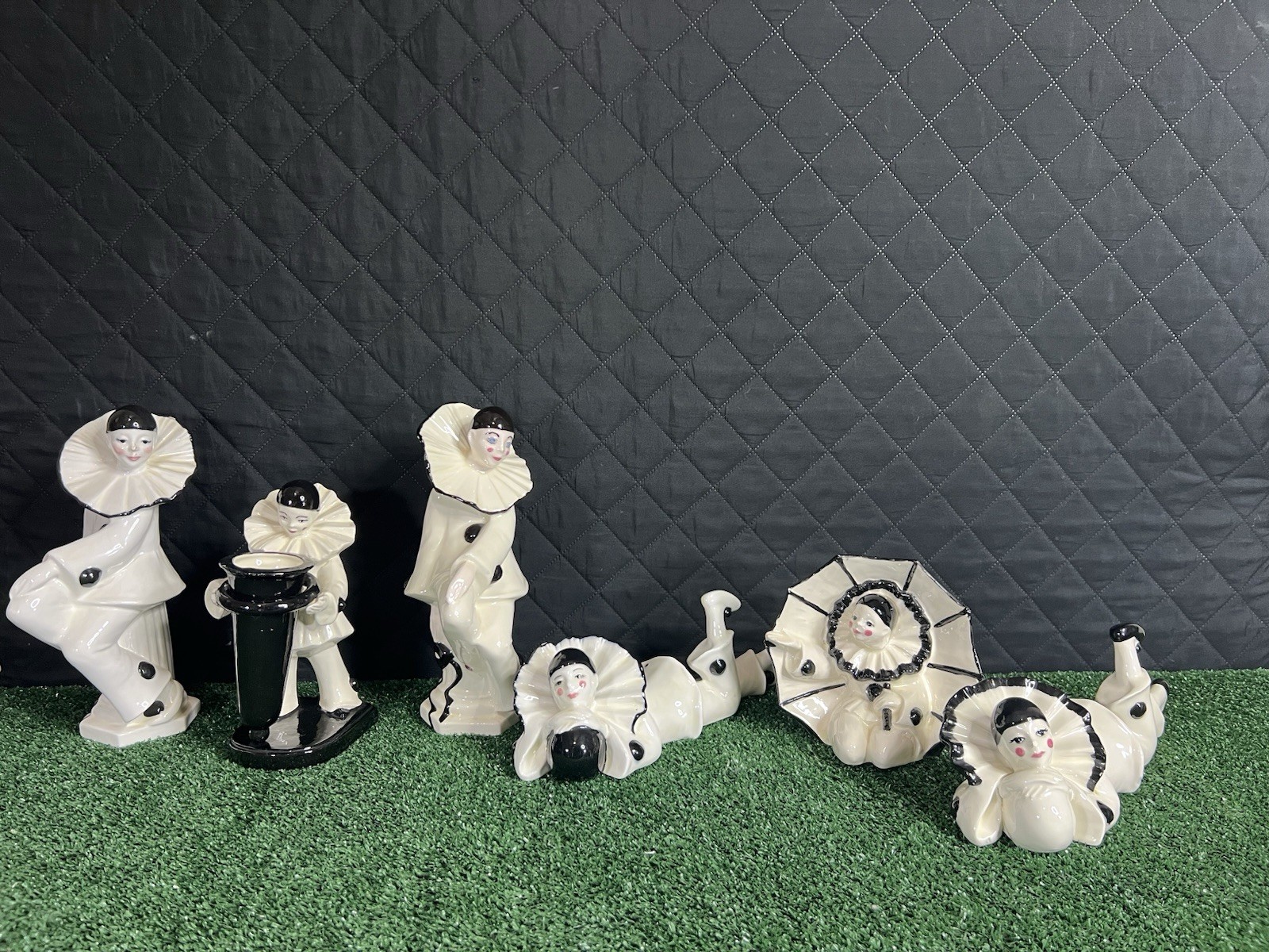 (6) Vintage  Pierrot Clown Black & White Ceramic Figurine Mid Century Harlequin