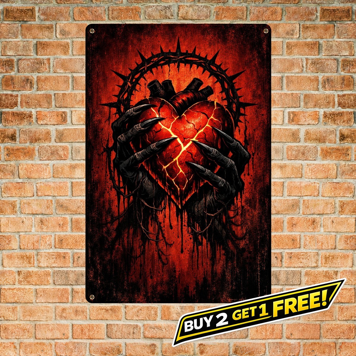 Dark Heart Demon Claws Metal Sign Gothic Red and Black Wall Art 8x12