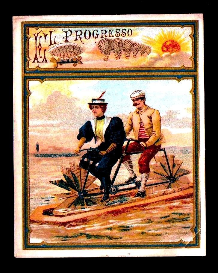 c1885 -  El Progresso - BICYCLE  Riding On Water - WOW - EX RARE Cigar Box Label