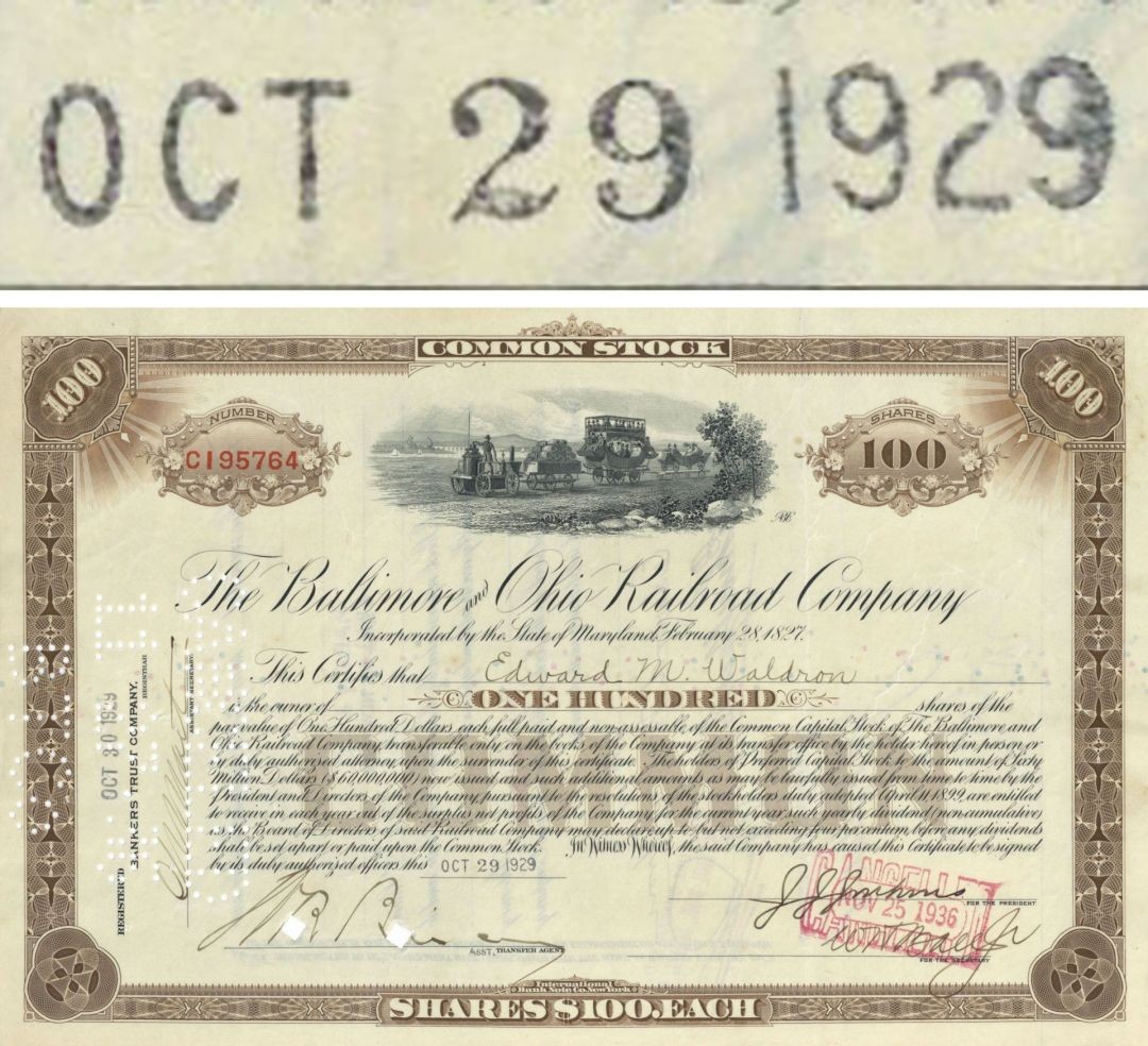 October 29, 1929 dated Baltimore and Ohio Stock Certificate - Great Stock Mark