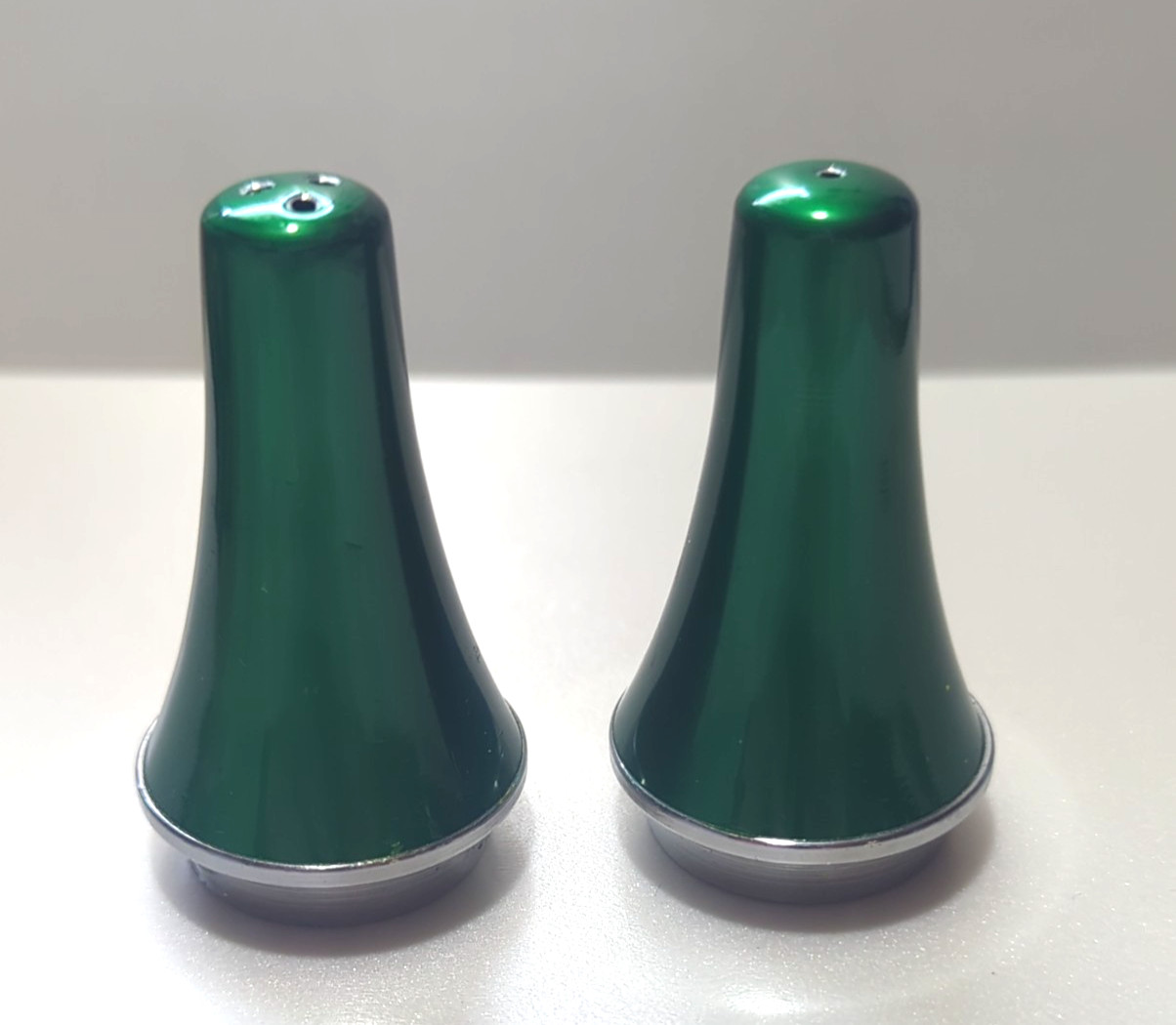 Vintage Emalox Norway Mid Century Modern Green Pair of Salt & Pepper Shakers