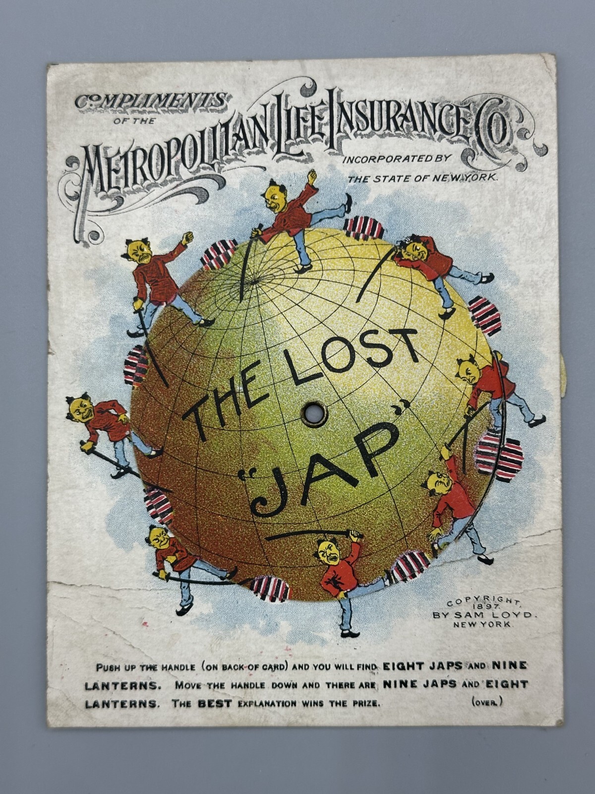 1897 Met Life INSURANCE Lost Japanese GLOBE MECHANICAL Advertising TRADE CARD