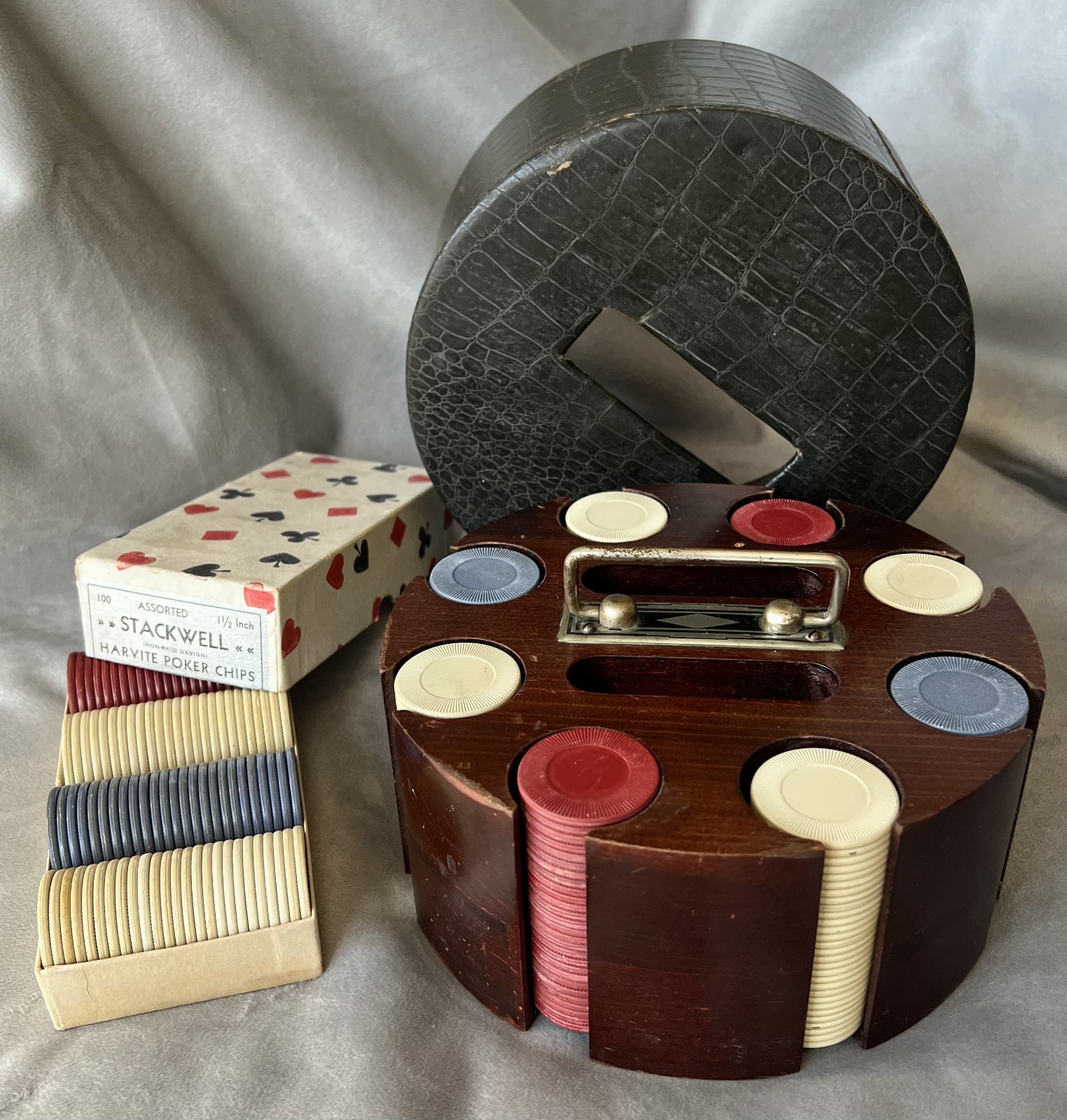 1930s Vintage Poker Chip Set in Solid Wood Caddy w/Set of Clay Poker Chips