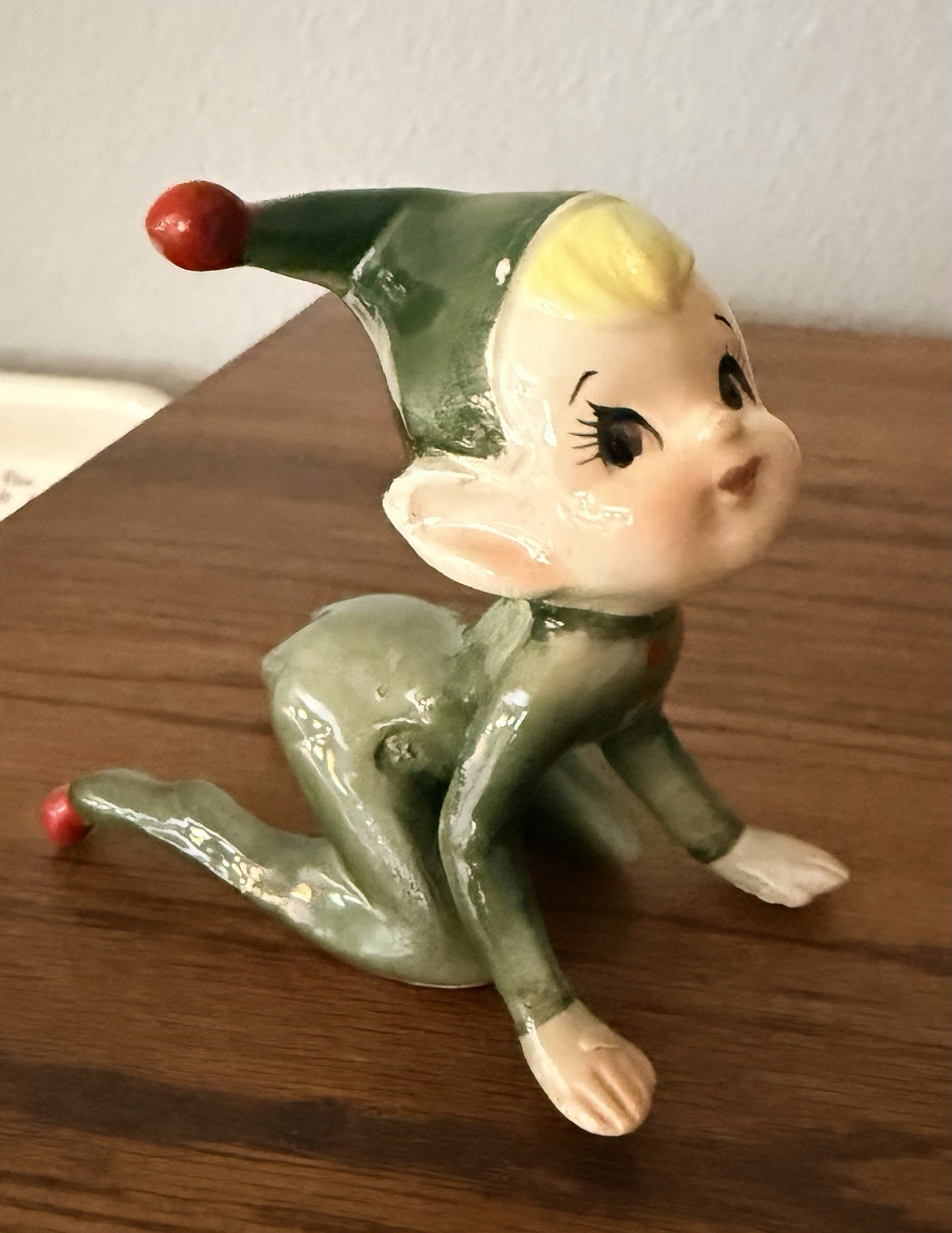 Vintage Ceramic Pixie Made in Japan Green Cap READ Darling