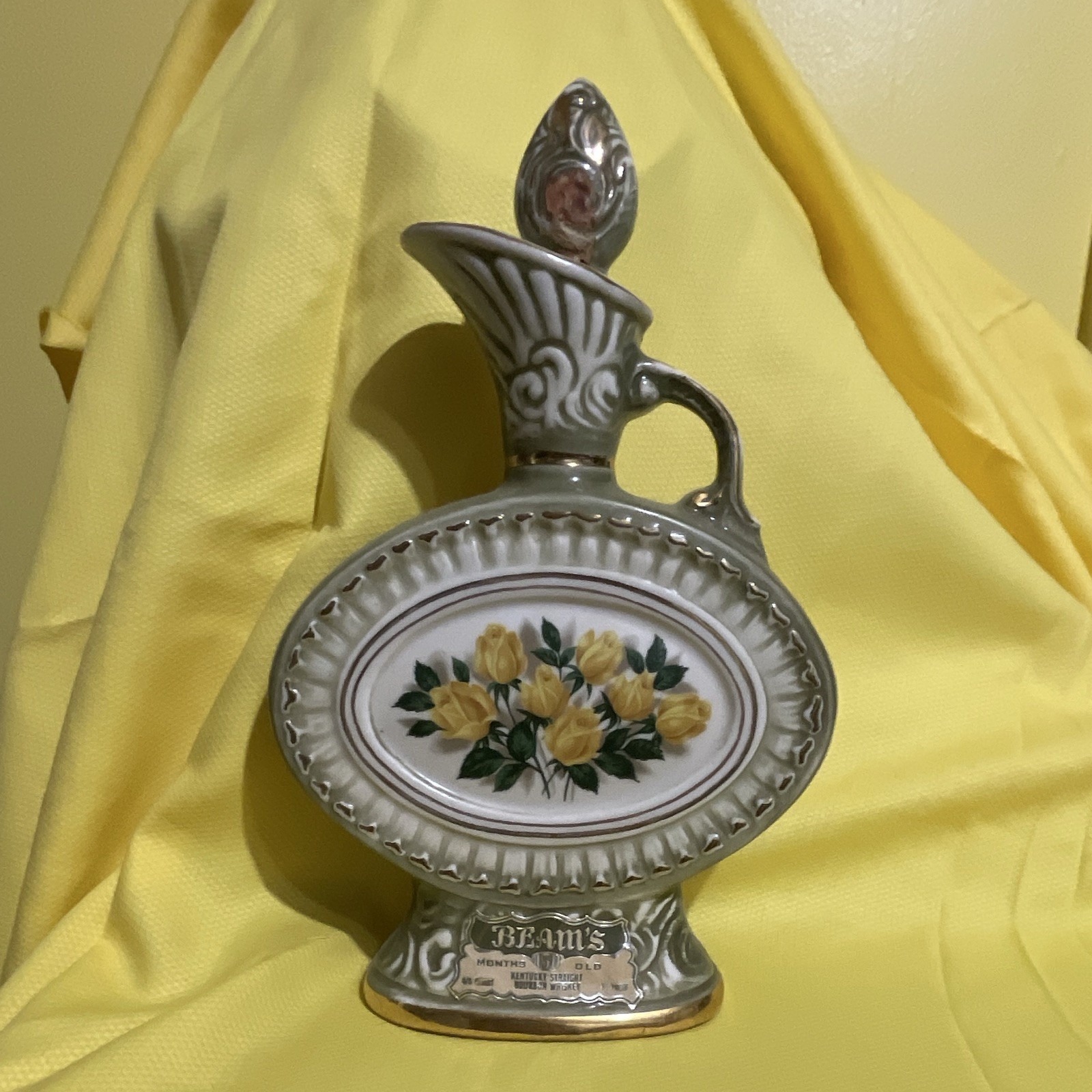 1969 Jim Beam Whiskey Decanter With Yellow Rose Design With Cork And Label