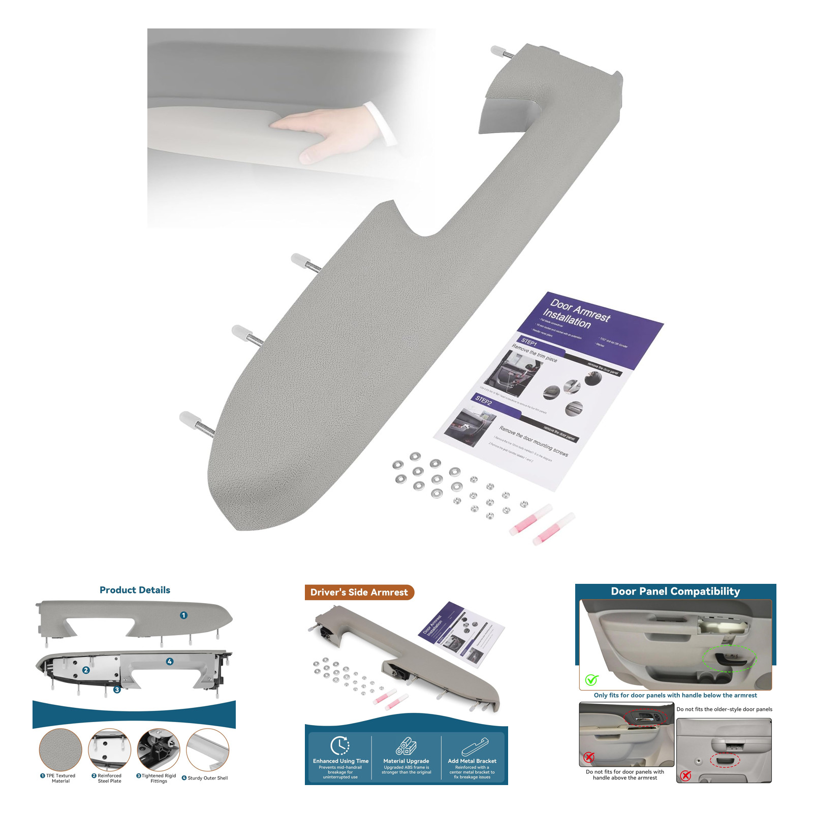 Front Left Driver Side Armrest Repair Kit Gray for Chevy Silverado GMC Sierra