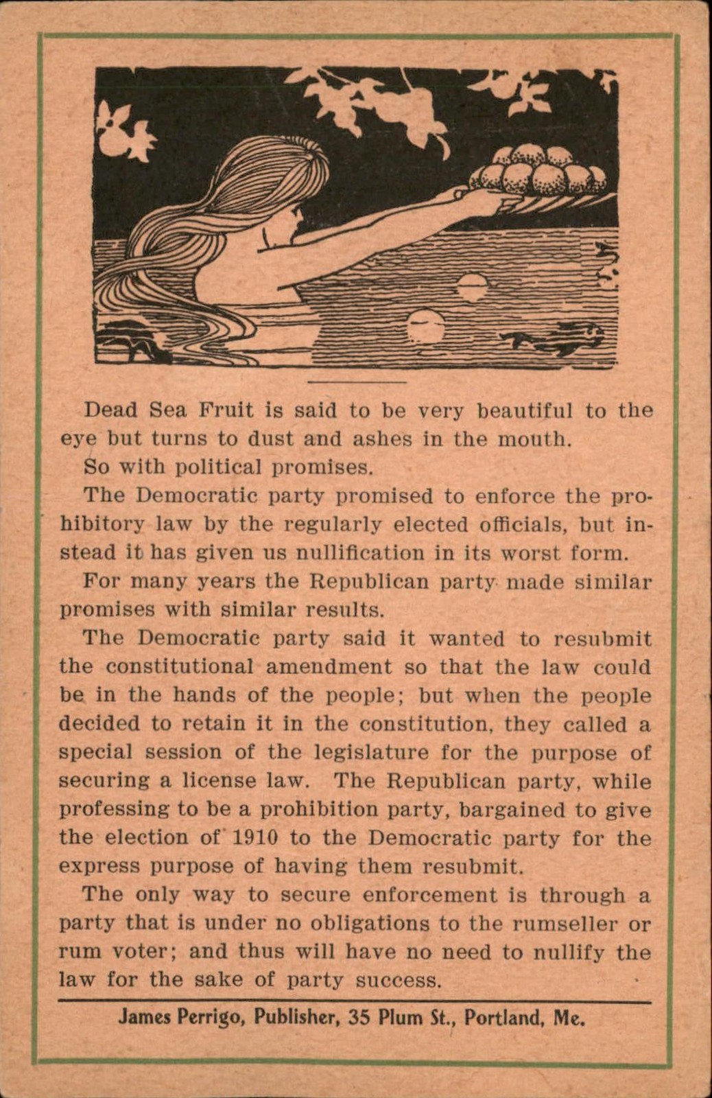 Prohibition Political Comment Ocean Temptress Dead Sea Fruit Mermaid? c1907 bhn