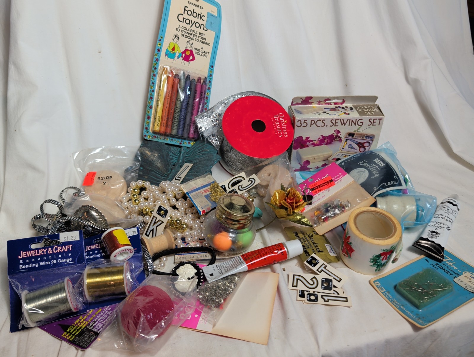 Huge Vintage Craft Lot Fabric Crayons Sewing Set Beads Wire Ribbon Decals DIY