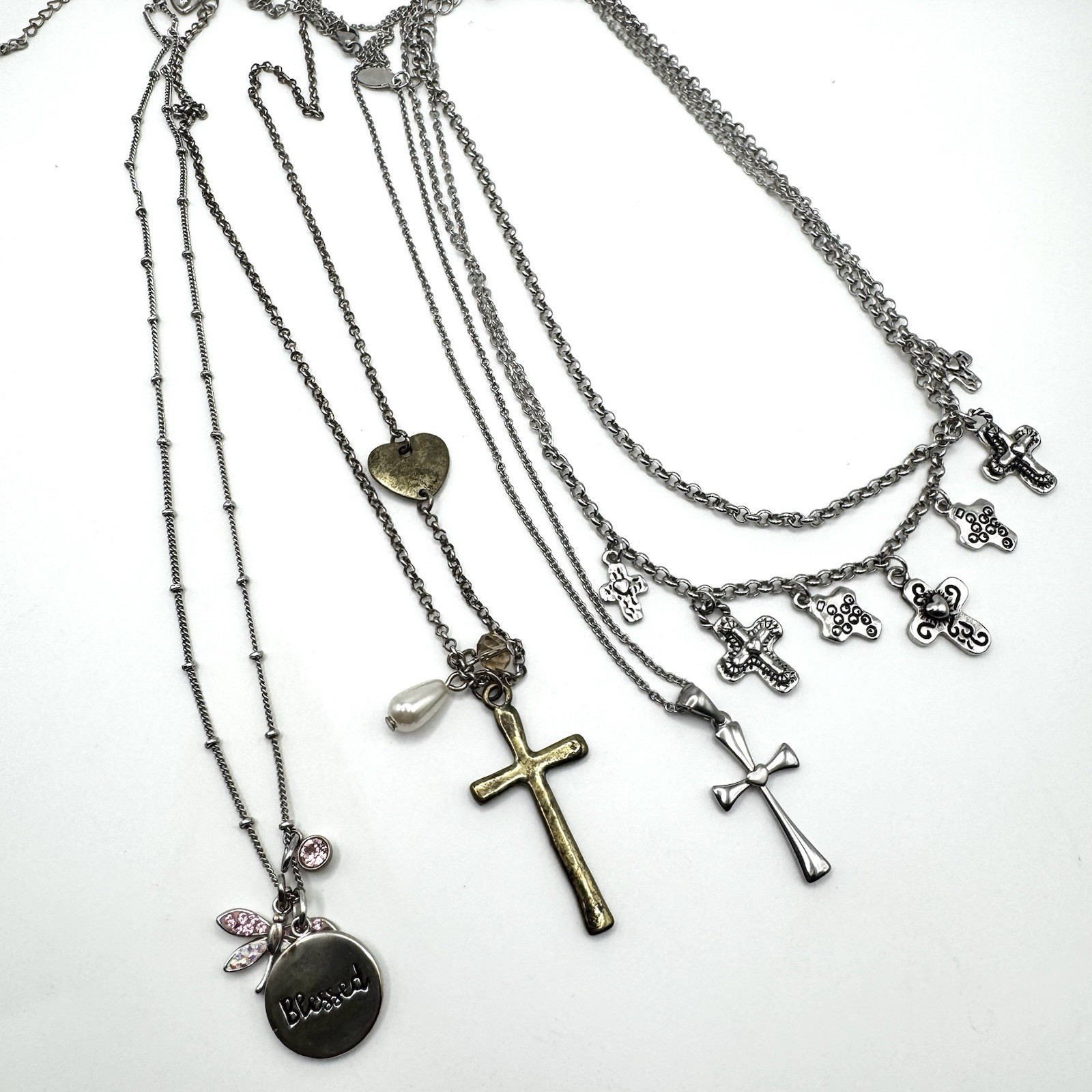 Religious Jewelry Lot 4 Necklaces Christian Faith Cross Blessed Some Signed
