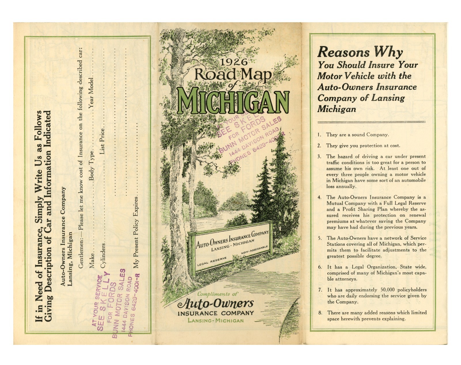 Vintage 1926 Michigan Road Map – Auto-Owners Insurance Co.