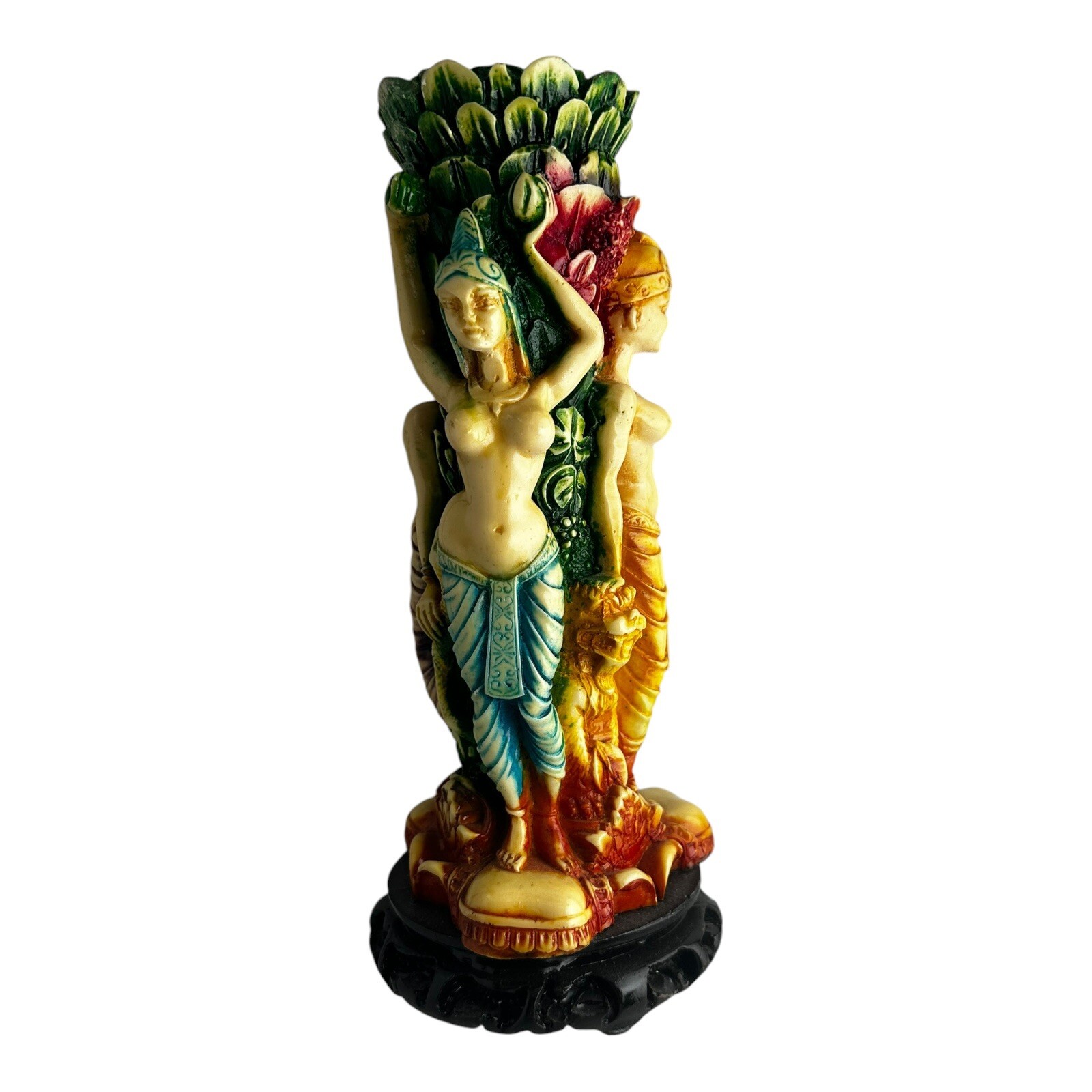 Vintage Three Hindu Goddesses Resin 10” Candle Holder Vase. 
