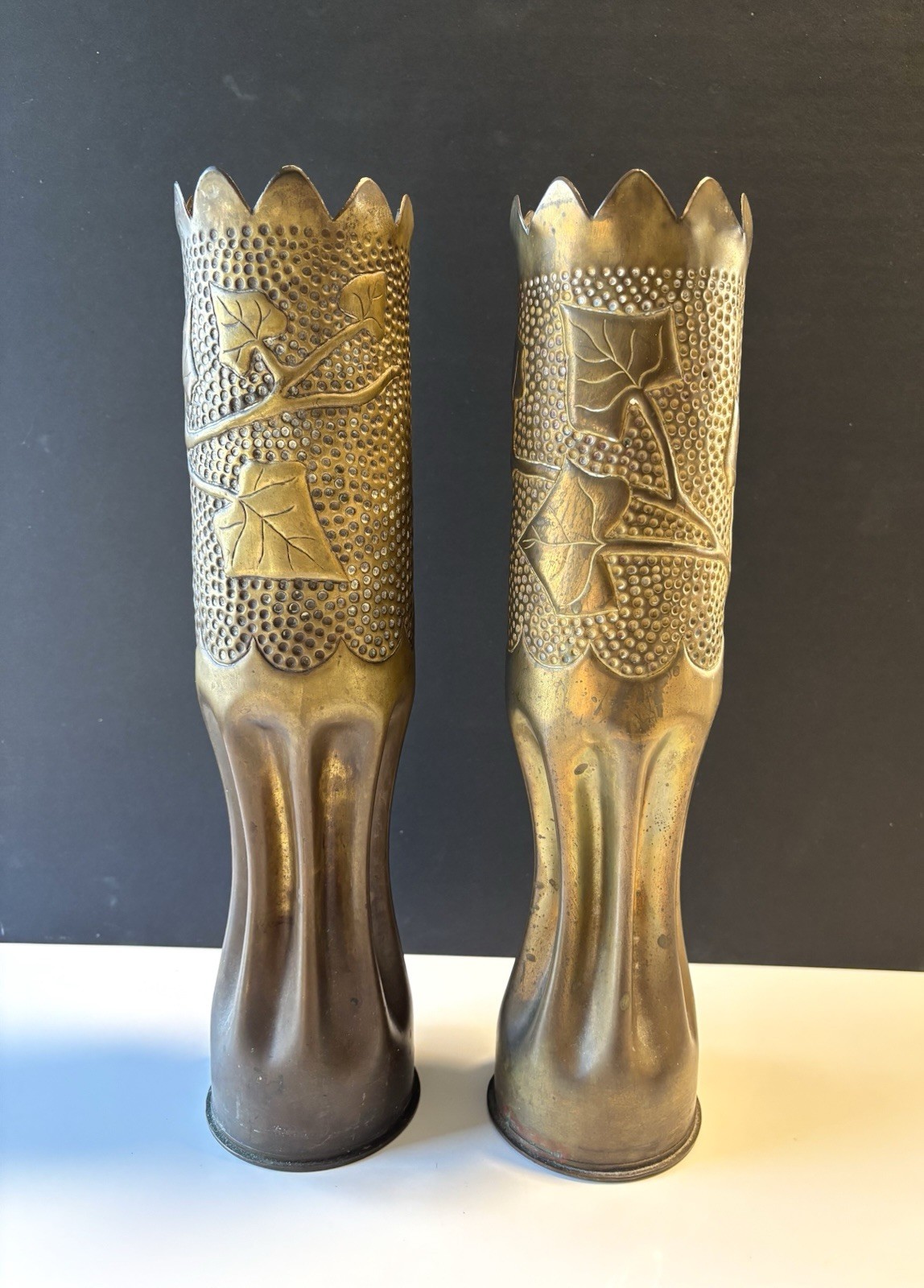 Antique WW1 Trench Art Etched Vases Pair