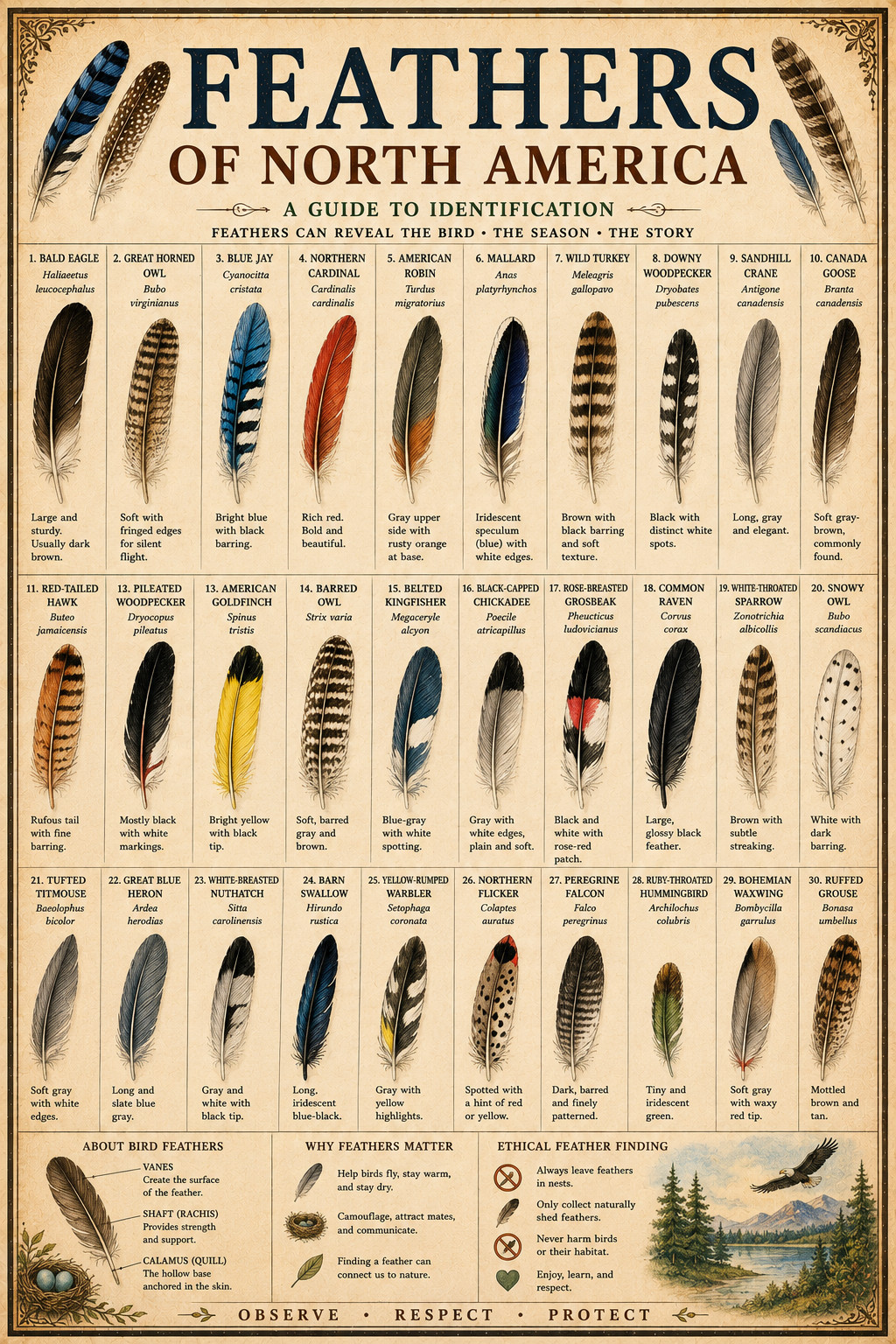 Feathers of North America Poster 13x19 – Vintage Bird Feather Identification