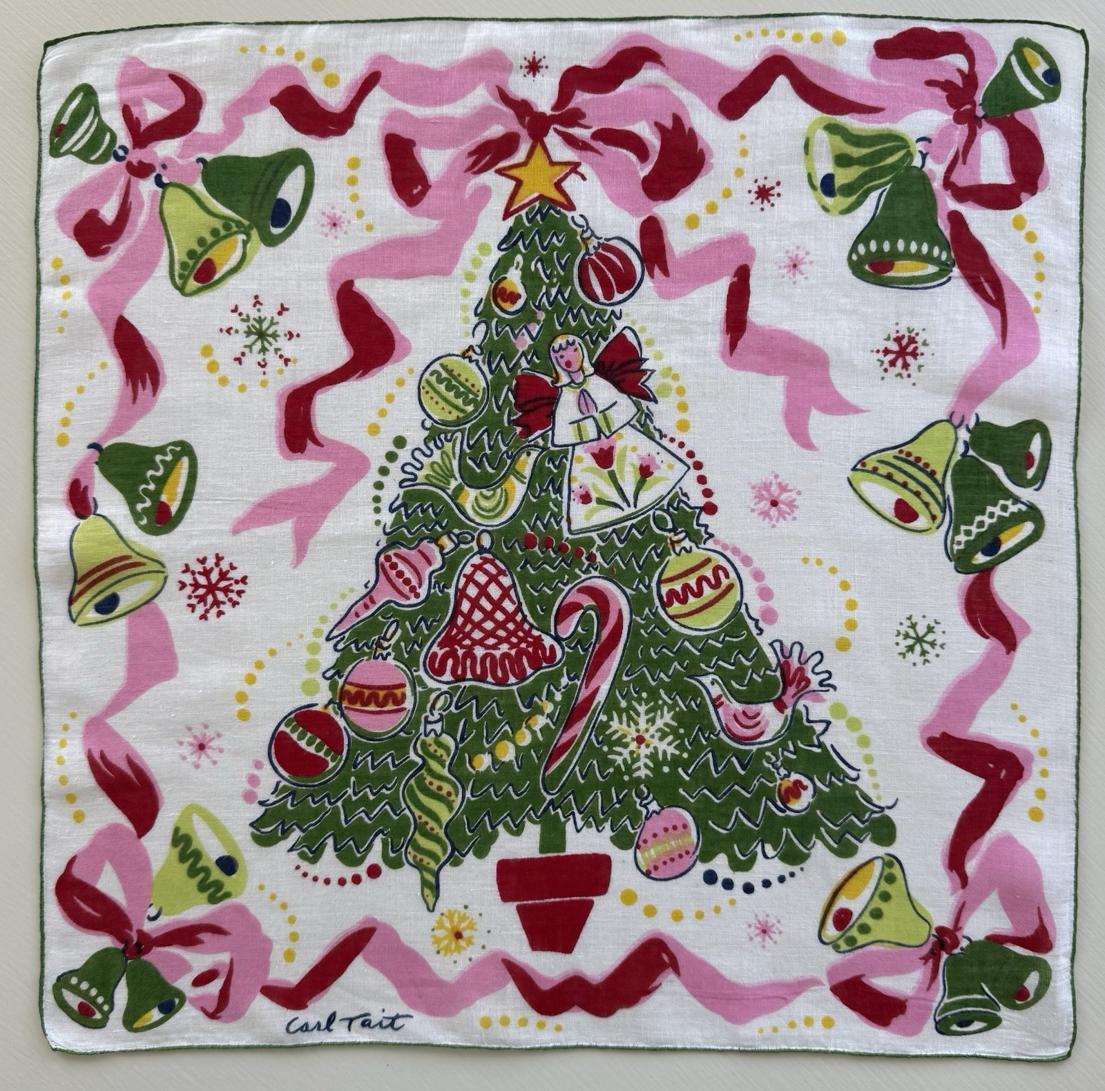 CARL TAIT Vintage Christmas Tree Handkerchief 