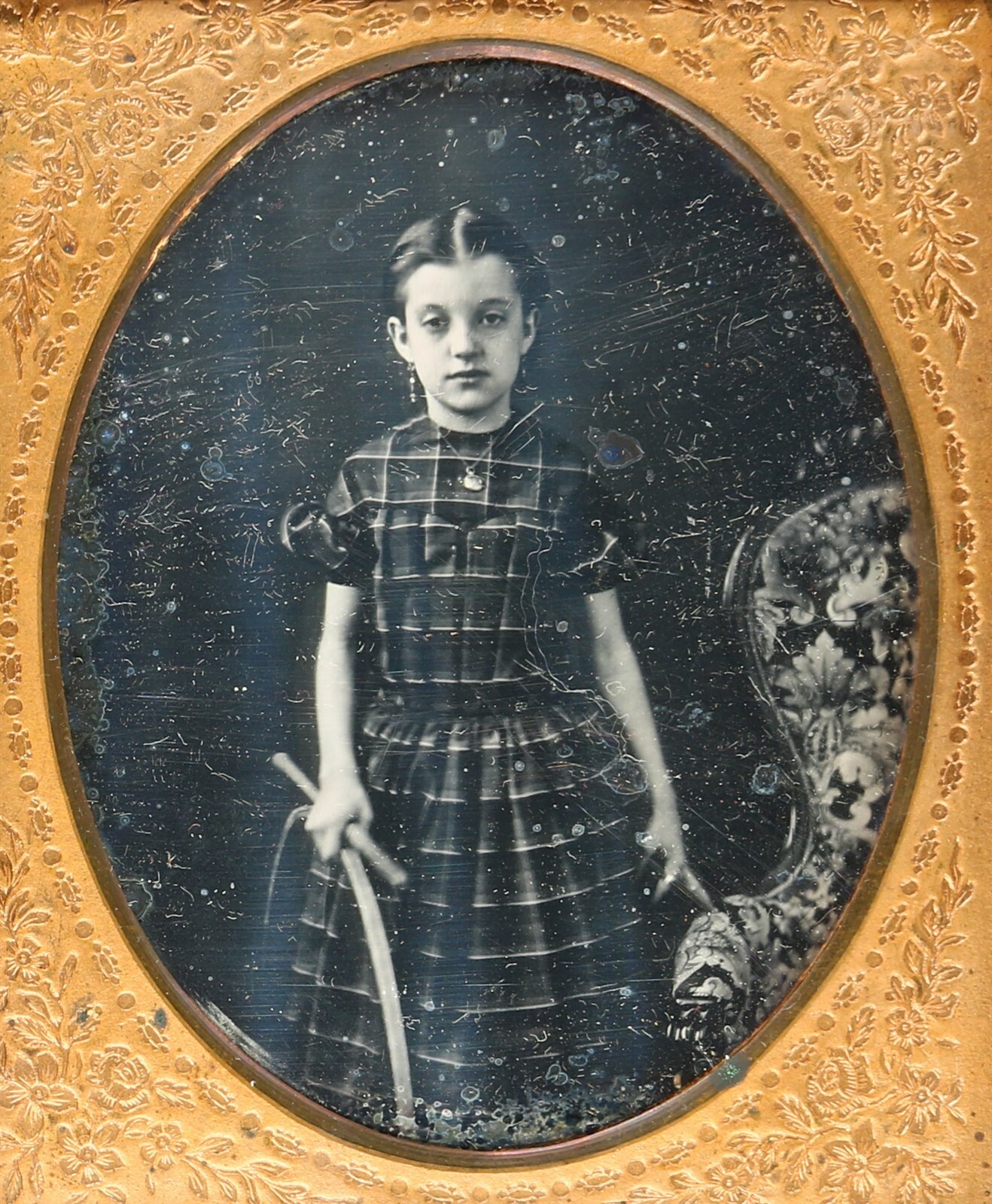 Girl Victorian Toy Trundling Hoop Rolling Holding Stick 1/6 Plate Daguerreotype