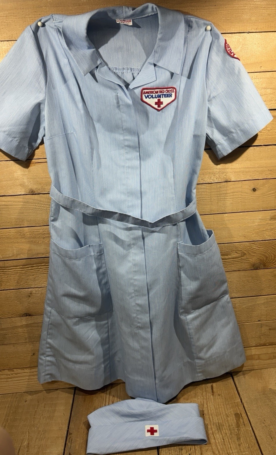 Vtg WW2 1950\'s Red Cross Volunteer Uniform Military Dress & Hat Set, Seersucker