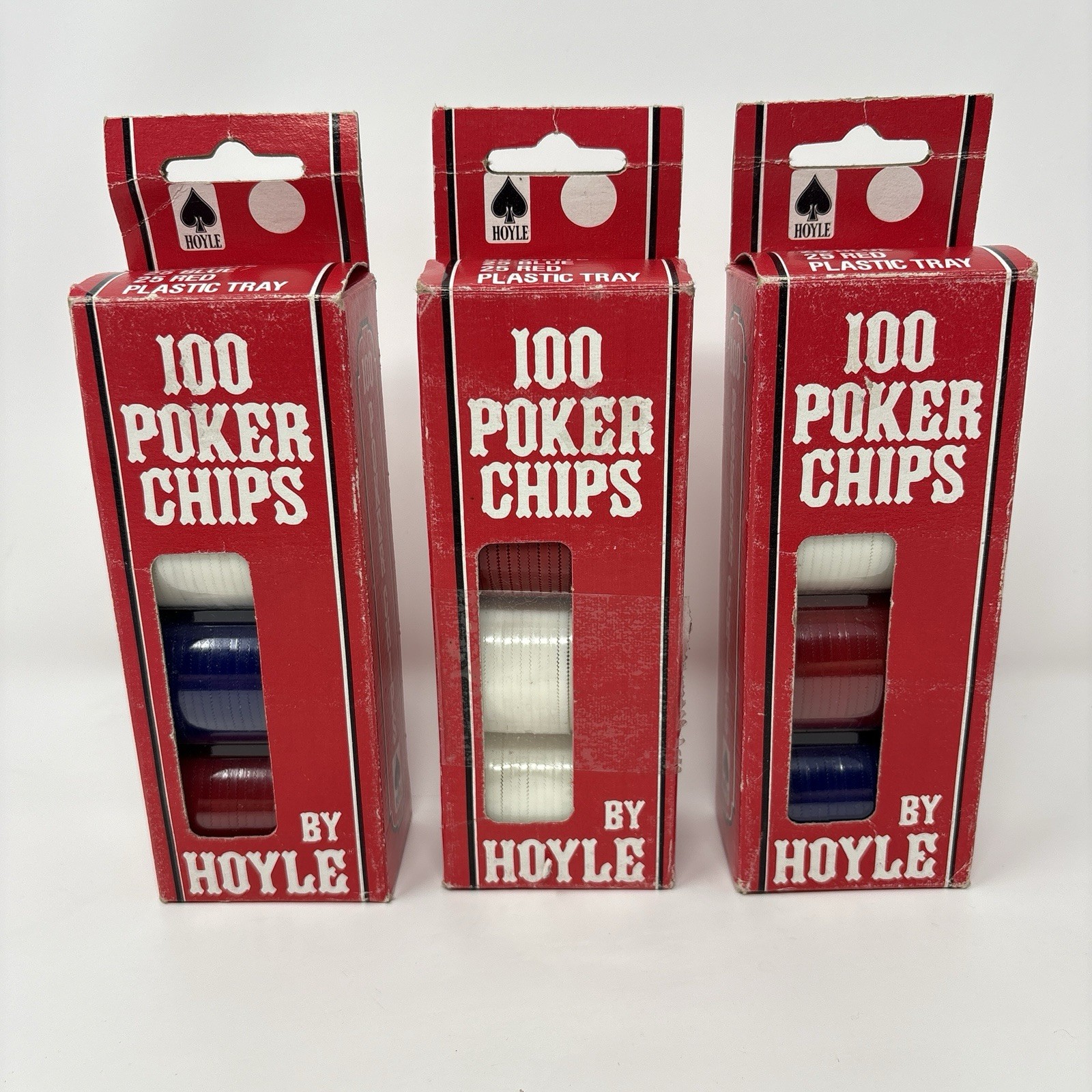3 Vintage Hoyle 100 Poker Chip Sets Red White Blue Plastic Chips Boxes USA