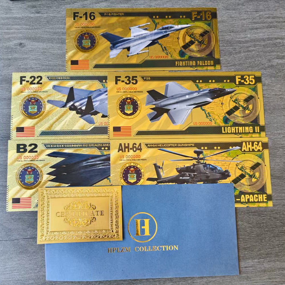 Military Aircraft Gold Foil Note Set F35 F22 F16 B2 AH64 | 5 Designs + Envelope