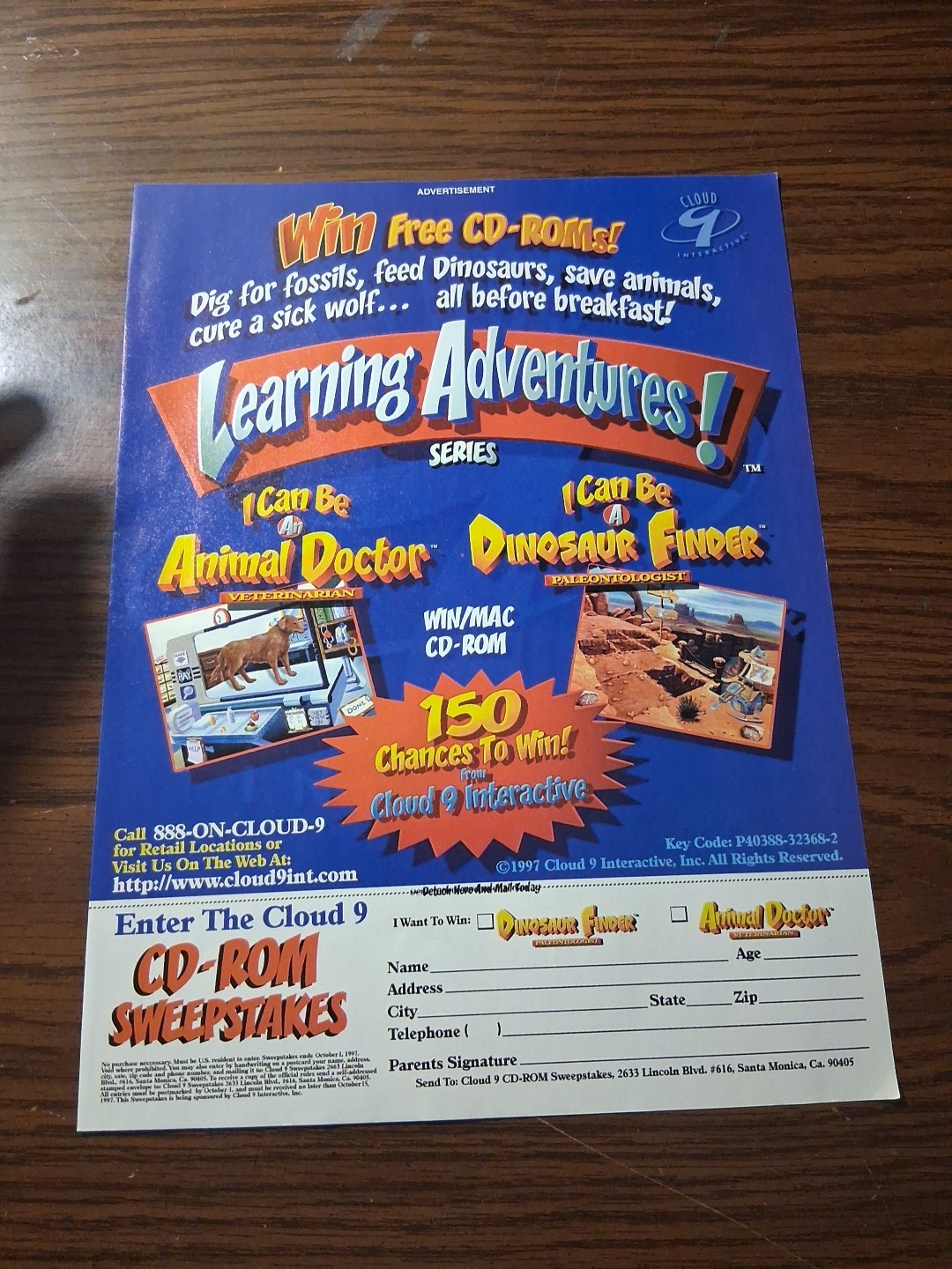Cloud 9 CD-rom Sweepstakes Animal Doctor Dinosaur Finder Print Ad 1997 8x11