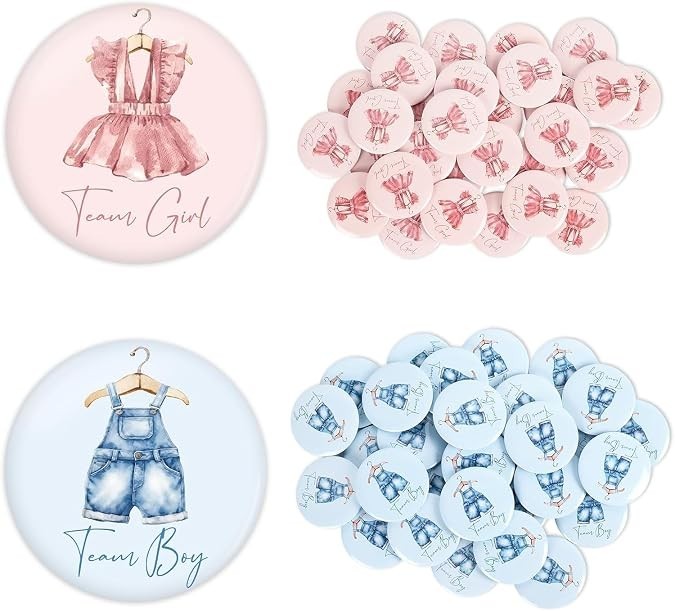 60 pcs Gender Reveal Button Pins Blue Pink Baby Clothes Team Boy or Girl NEW