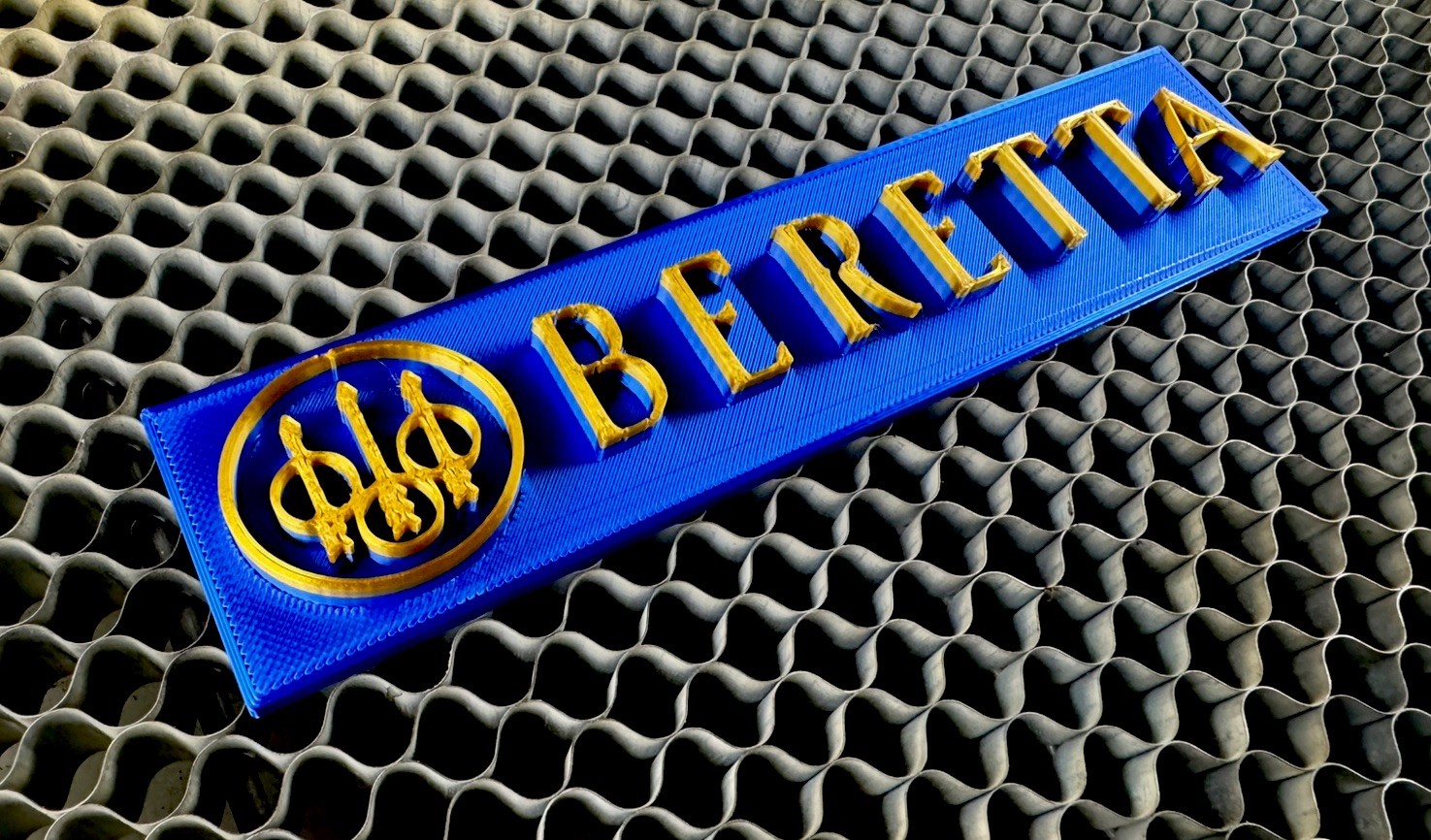 Beretta Firearms Sign printed nameplate Silk blue & Gold Collectors Decor 