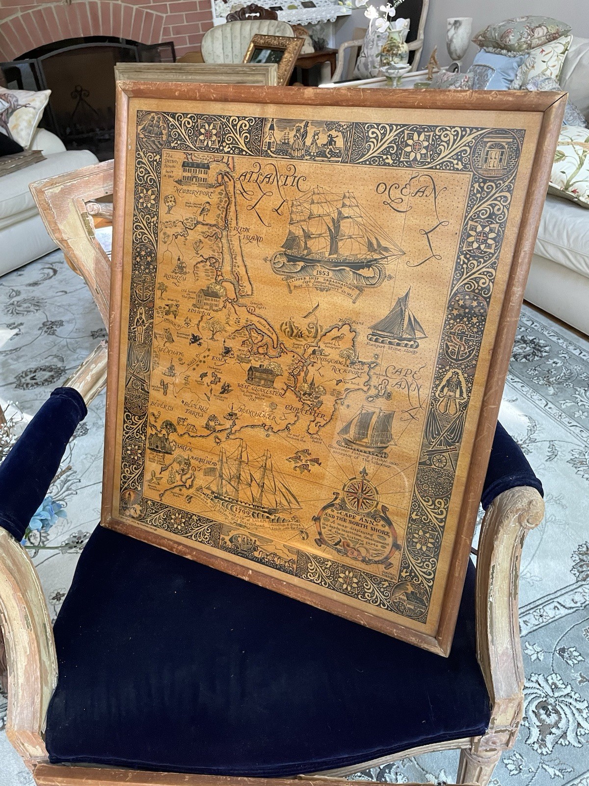 1926 Coulton Waugh Antique Cape Ann Map Colored, Framed, 17x21 Inches Beautiful