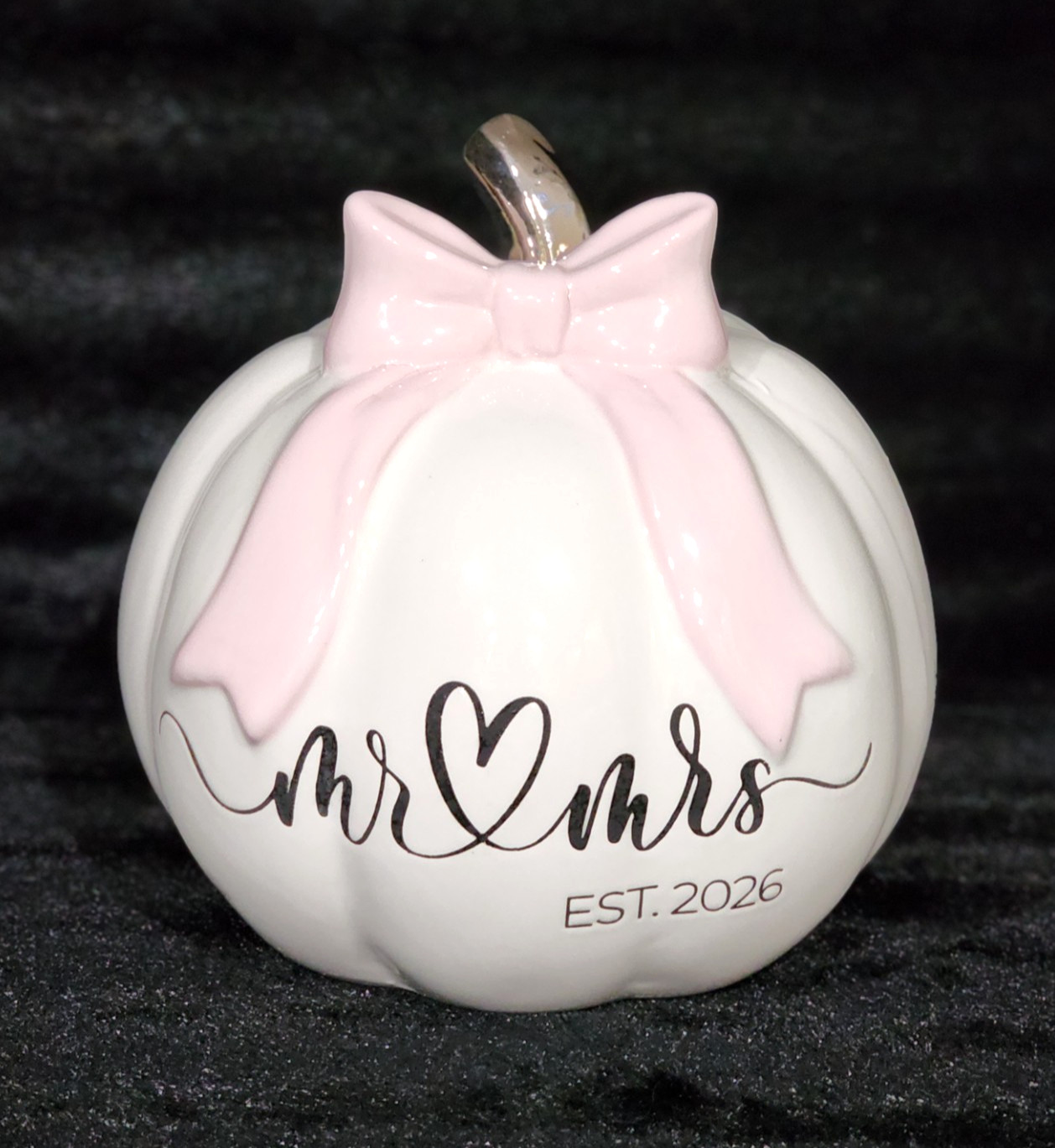 Mr. & Mrs. Est. 2026 Pumpkin White Pink Bow Silver Stem Black Script Bridal Fall